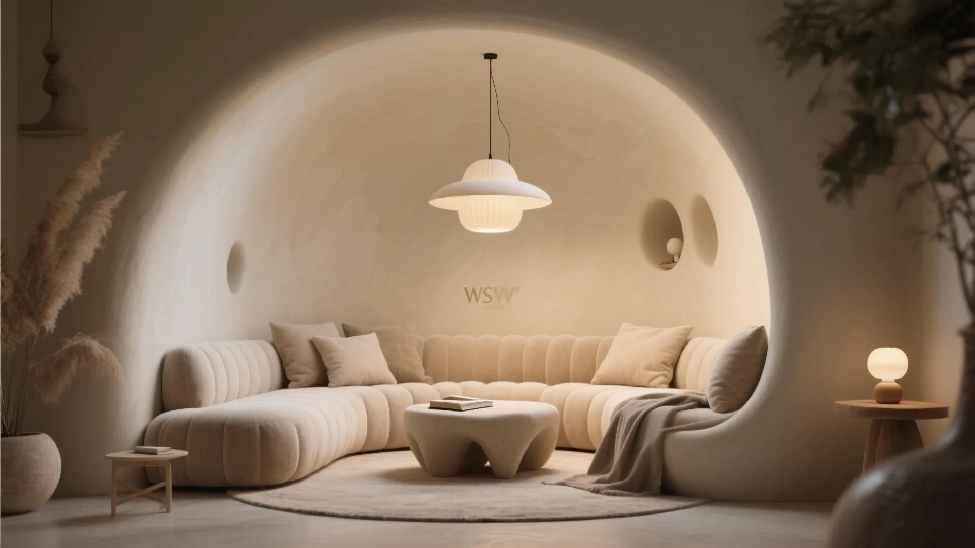 Cozy curved wall nook with seating and soft lighting