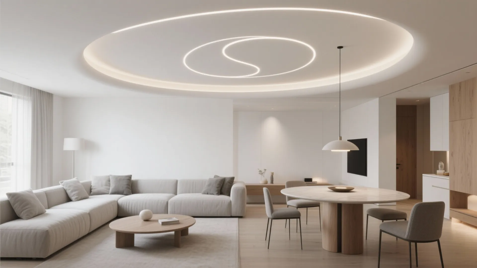 Curved gypsum ribbon to connect living to dining