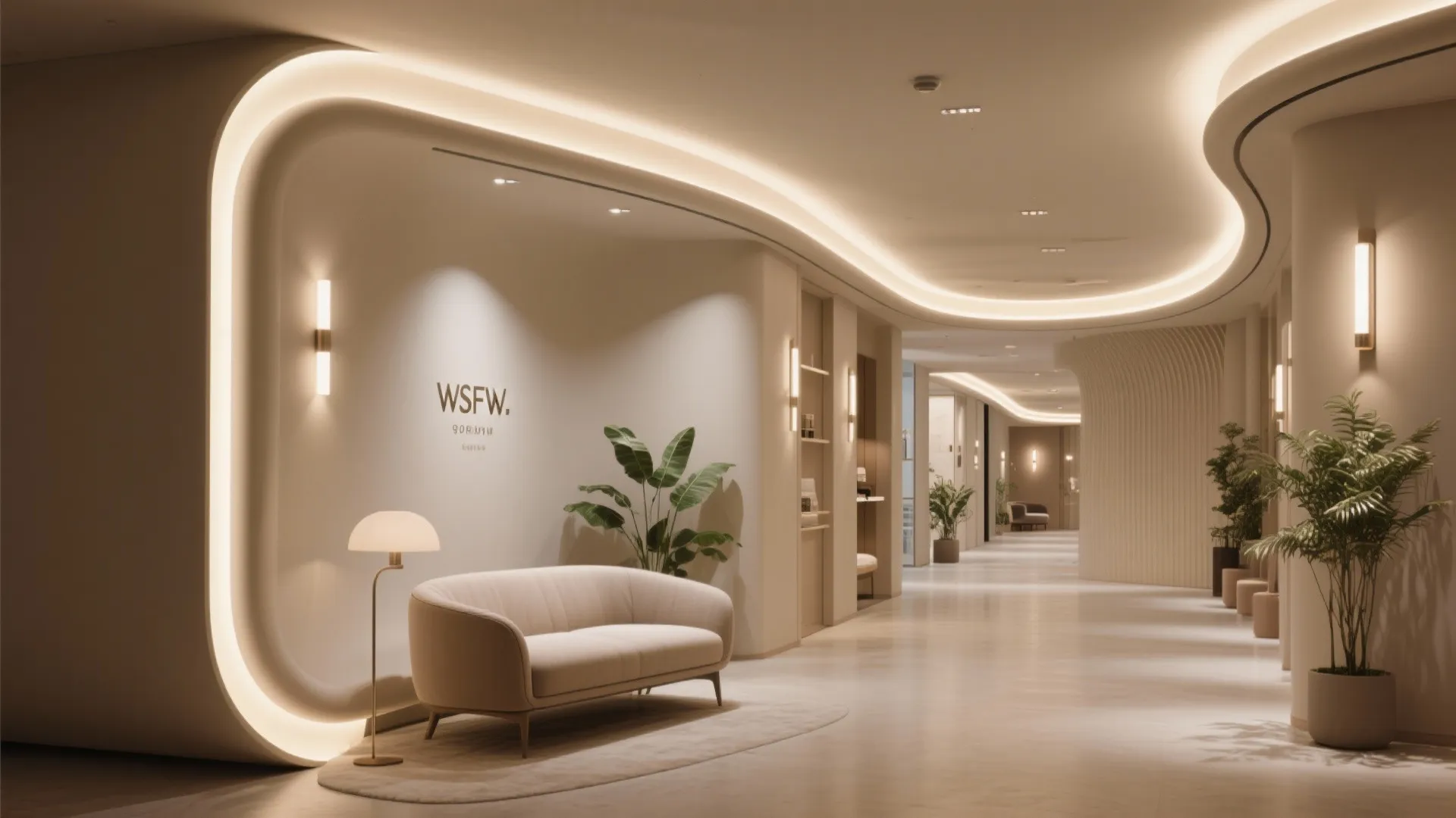 Hall interior with gentle curved POP ribs and continuous perimeter cove lighting for a boutique feel.