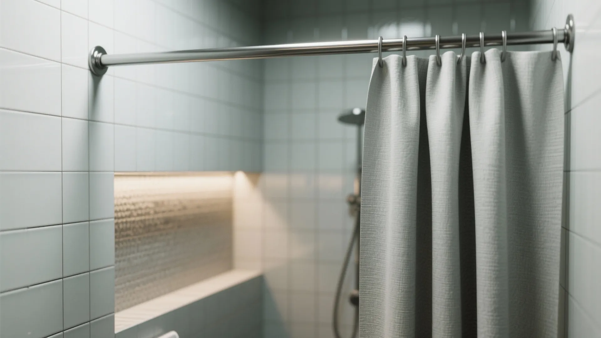 Close-up of a curved shower rod and a shallow tiled alcove with a slim ledge, showing materials and texture.