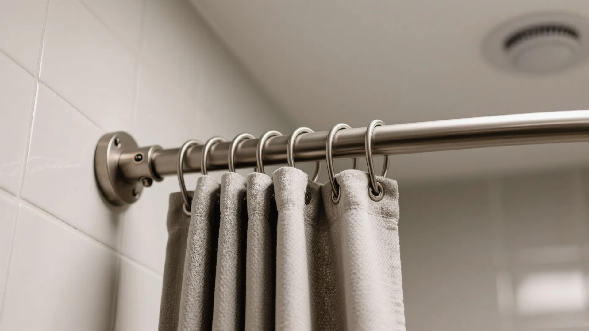 Macro of stainless curved shower rod with secure anchors, ceiling support, and smooth ring glide.