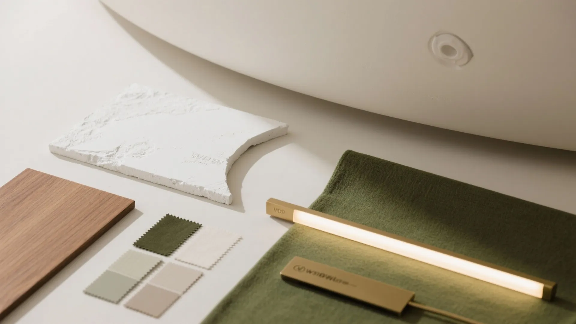 Interior design material board with wood samples fabric swatches white stone and gold light fixture