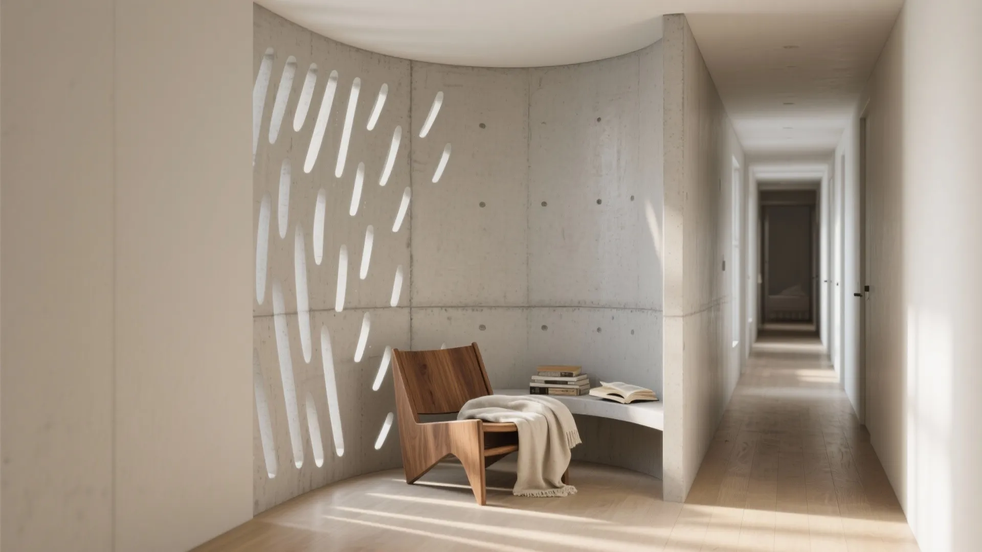 Modern reading nook with curved concrete wall and wooden chair in a bright hallway interior