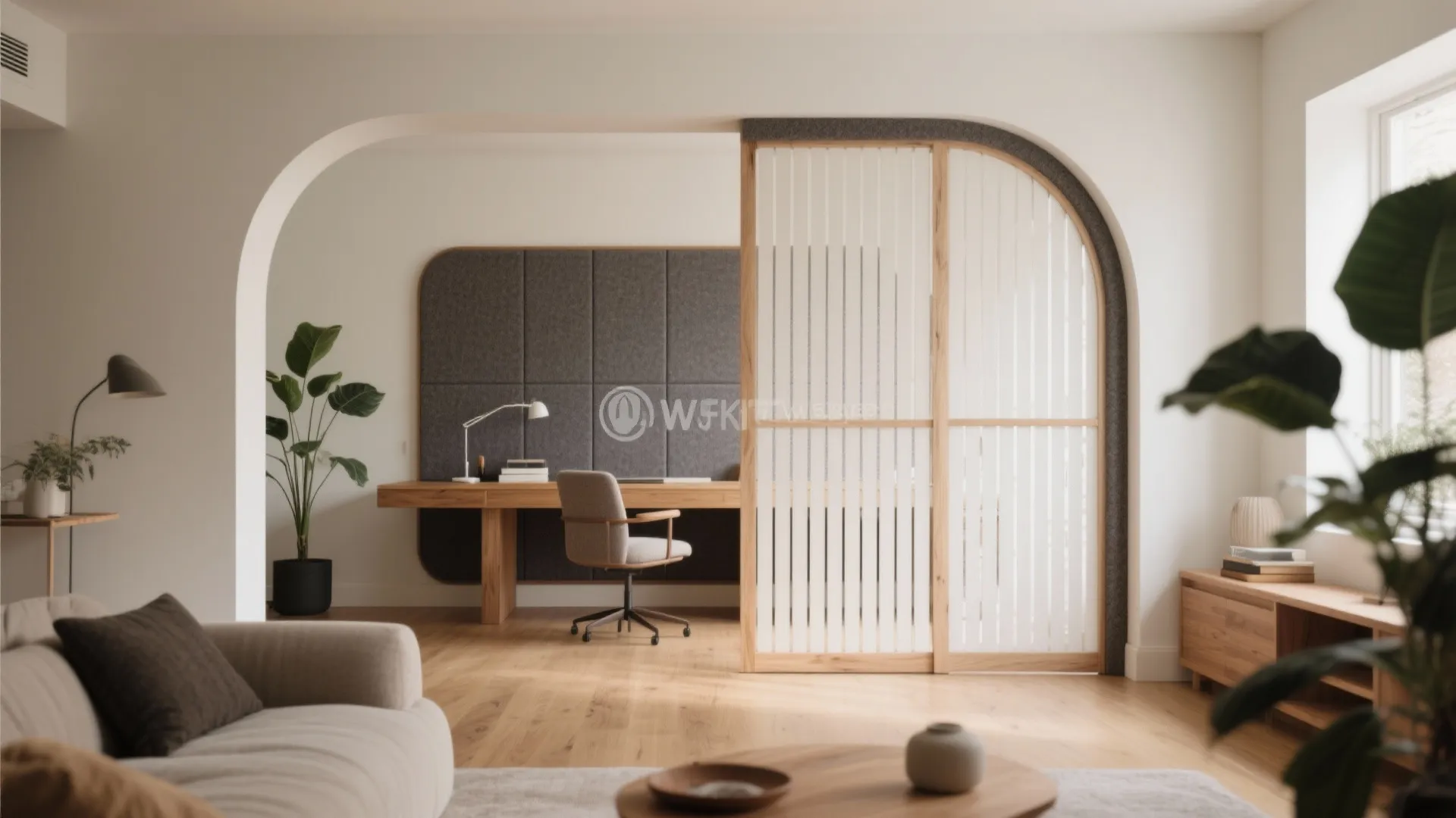 Modern home office behind curved archway with wooden desk grey wall panel and sliding screen