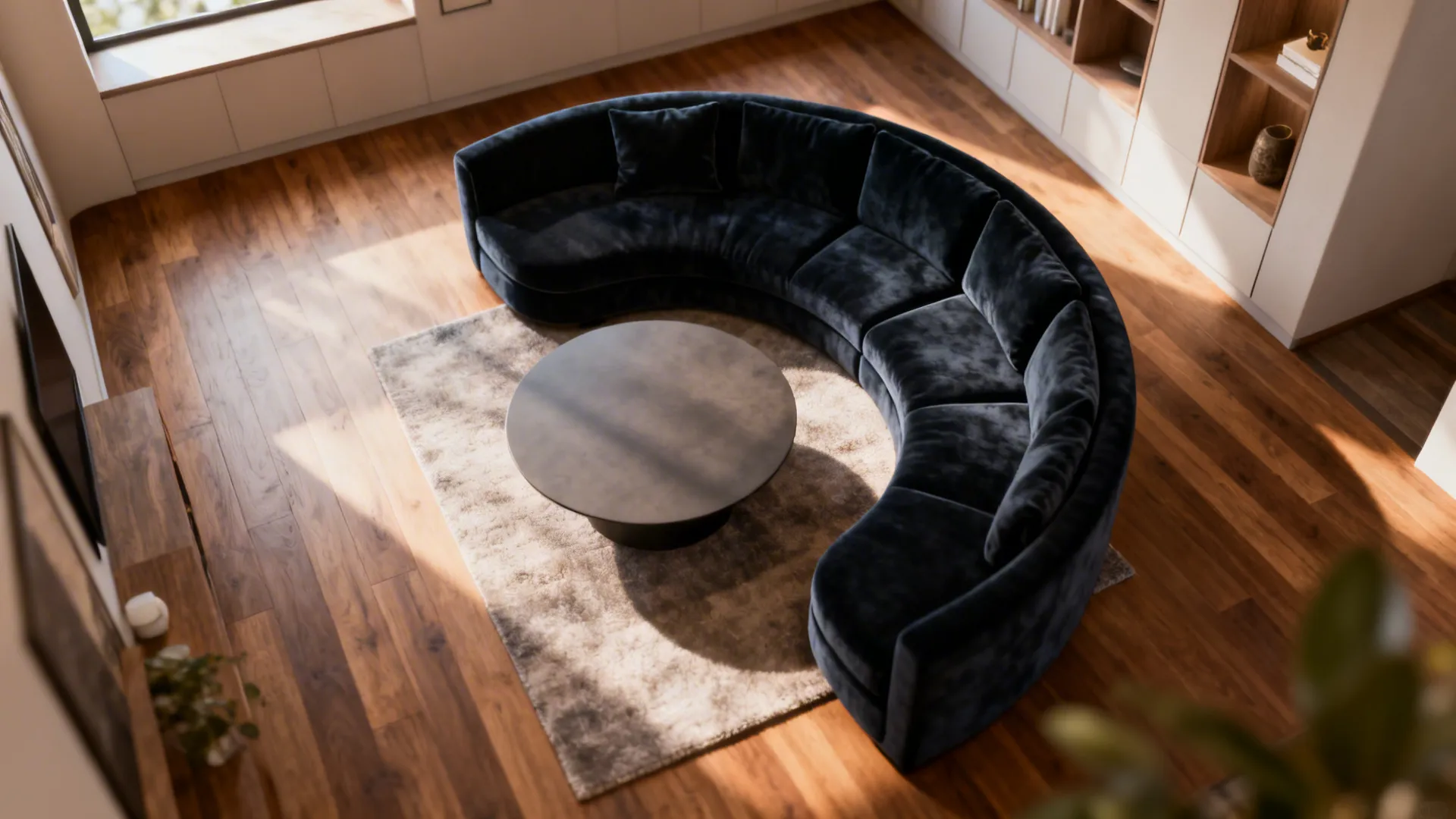 Small living room with crescent curved velvet sofa and rounded coffee table