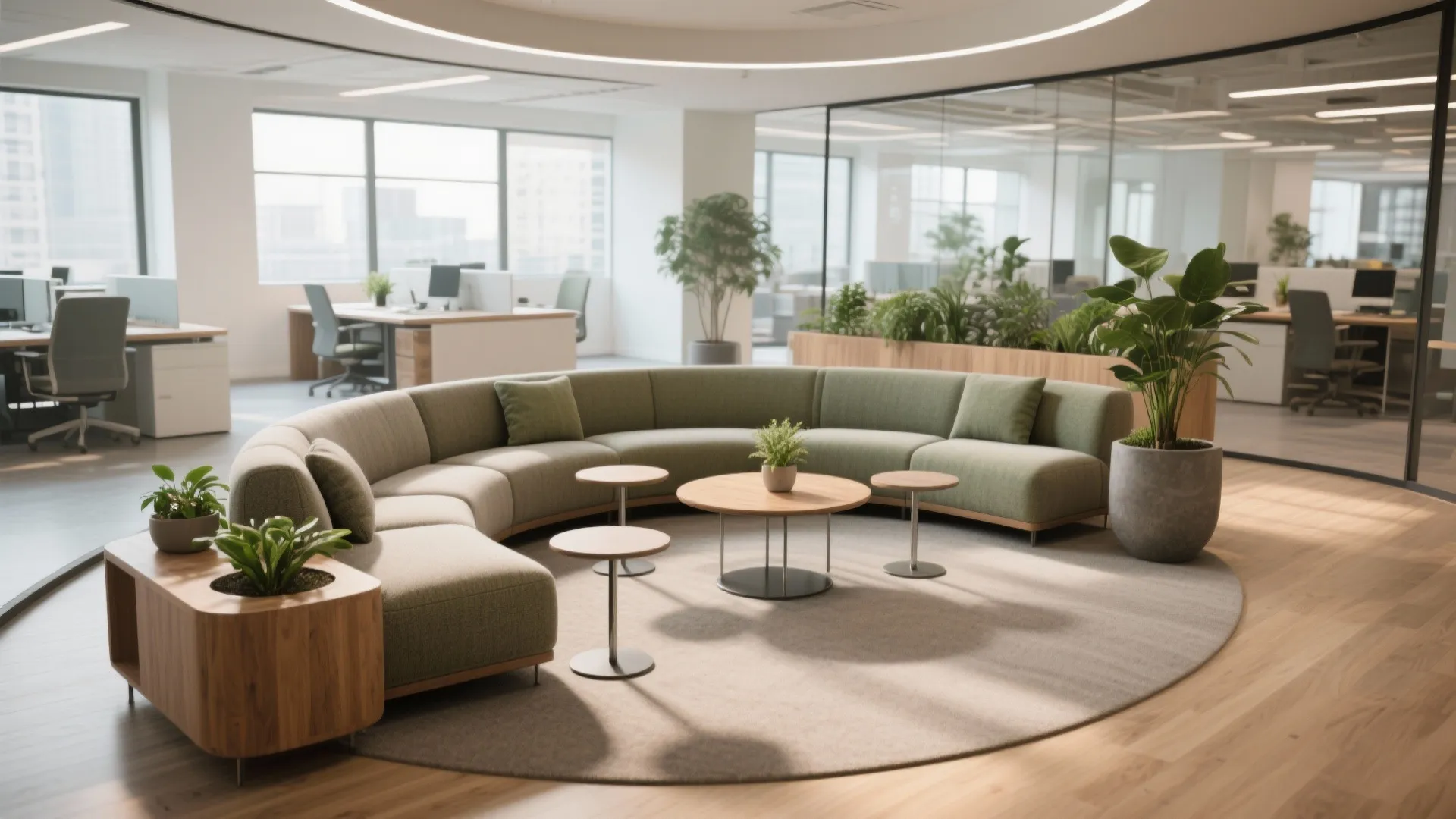 Curved sectional in an open office forming a gentle meeting circle and easing circulation.