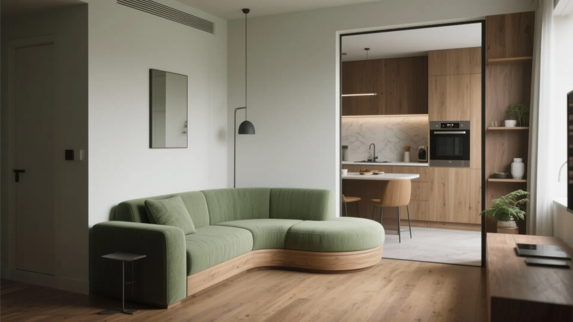 Modern living space featuring curved green sofa wooden flooring and view into wooden kitchen cabinets