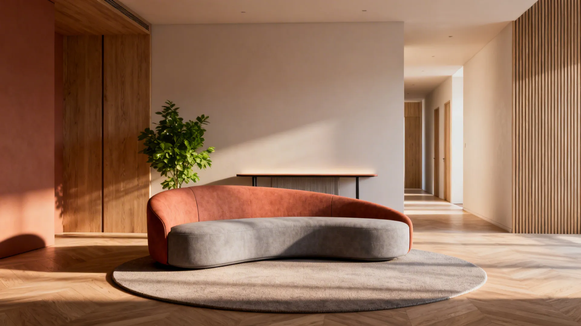 Compact curved sectional in a studio that improves flow and softens angles