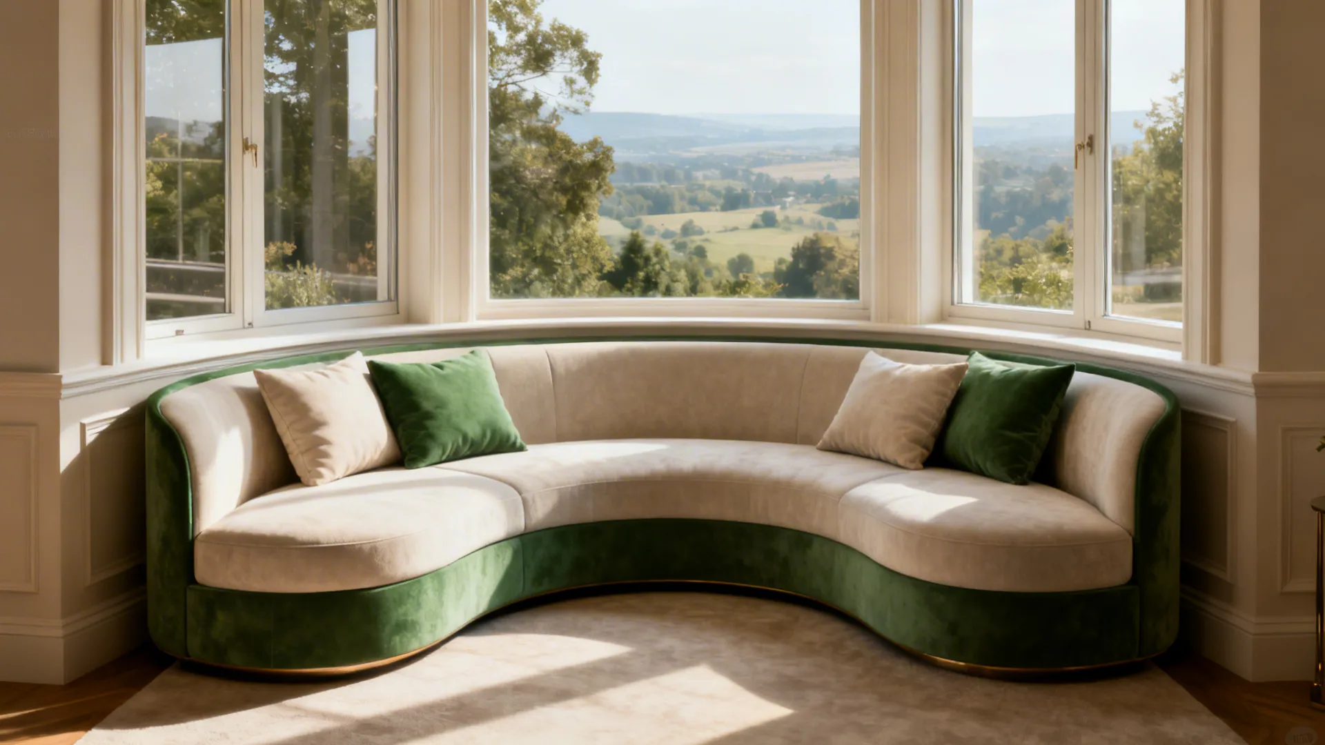 Large curved green and cream sofa placed in front of big windows with a view.