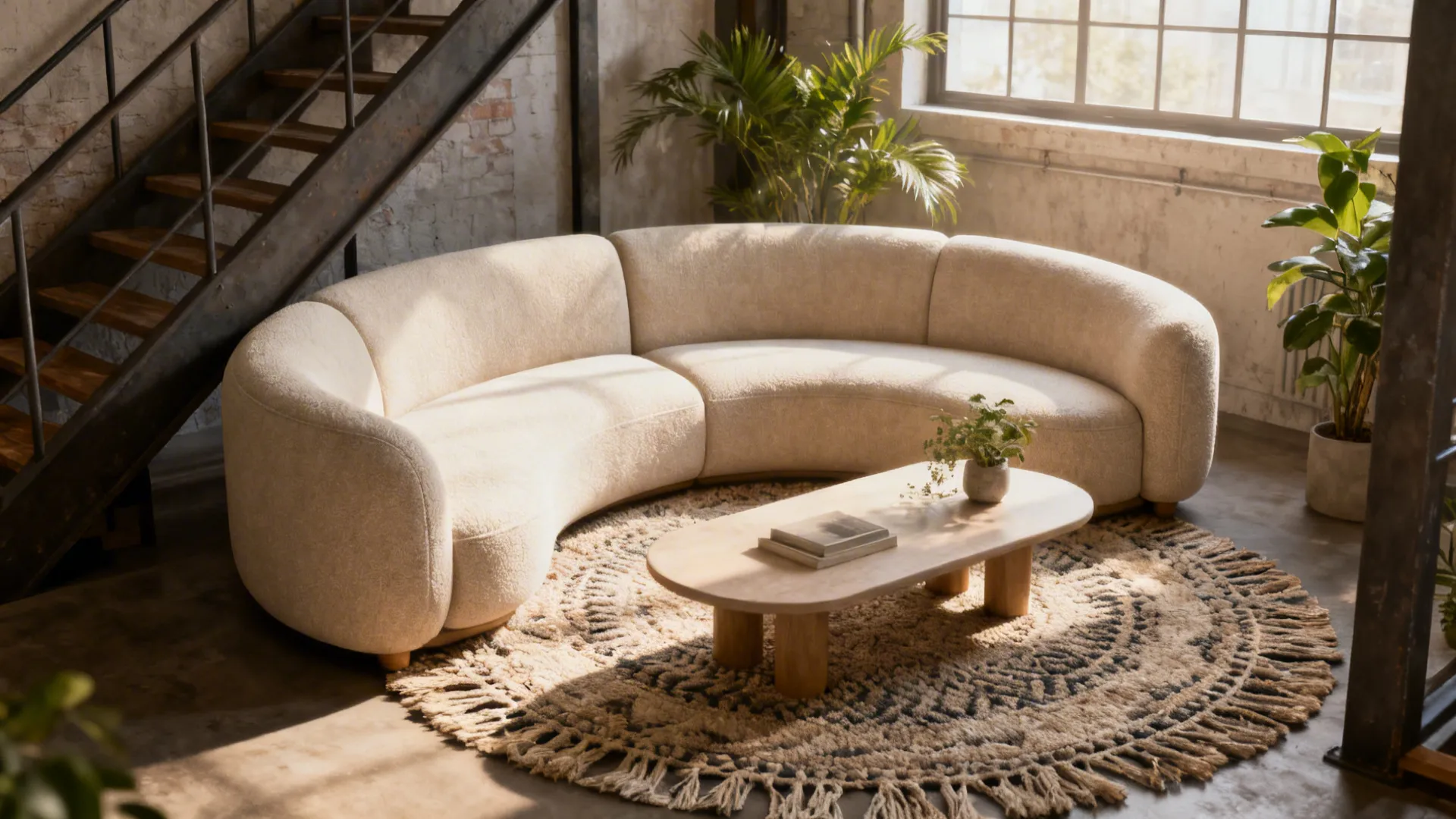 Petite curved sectional creating a cozy conversation nook in a small loft