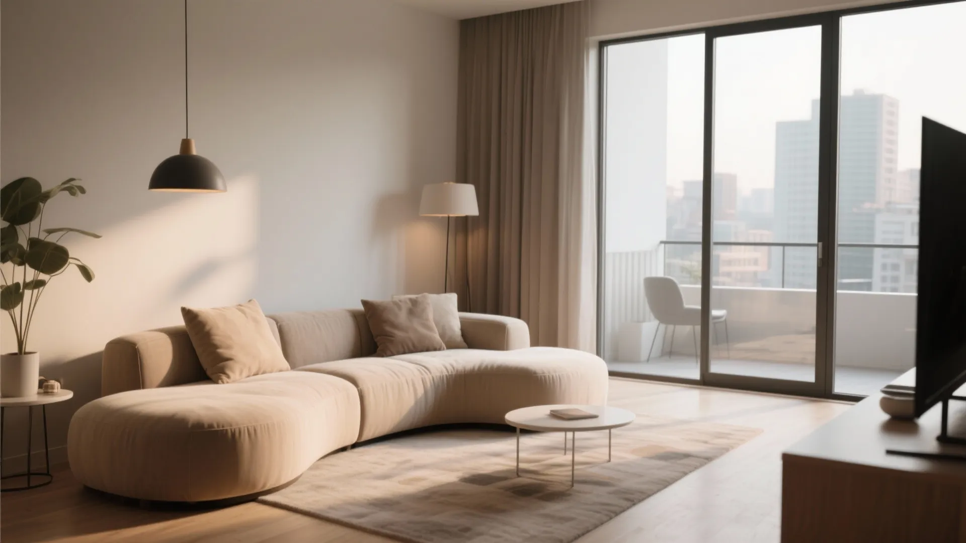 Modern living room featuring curved beige sofa round coffee table ceiling light and large glass windows