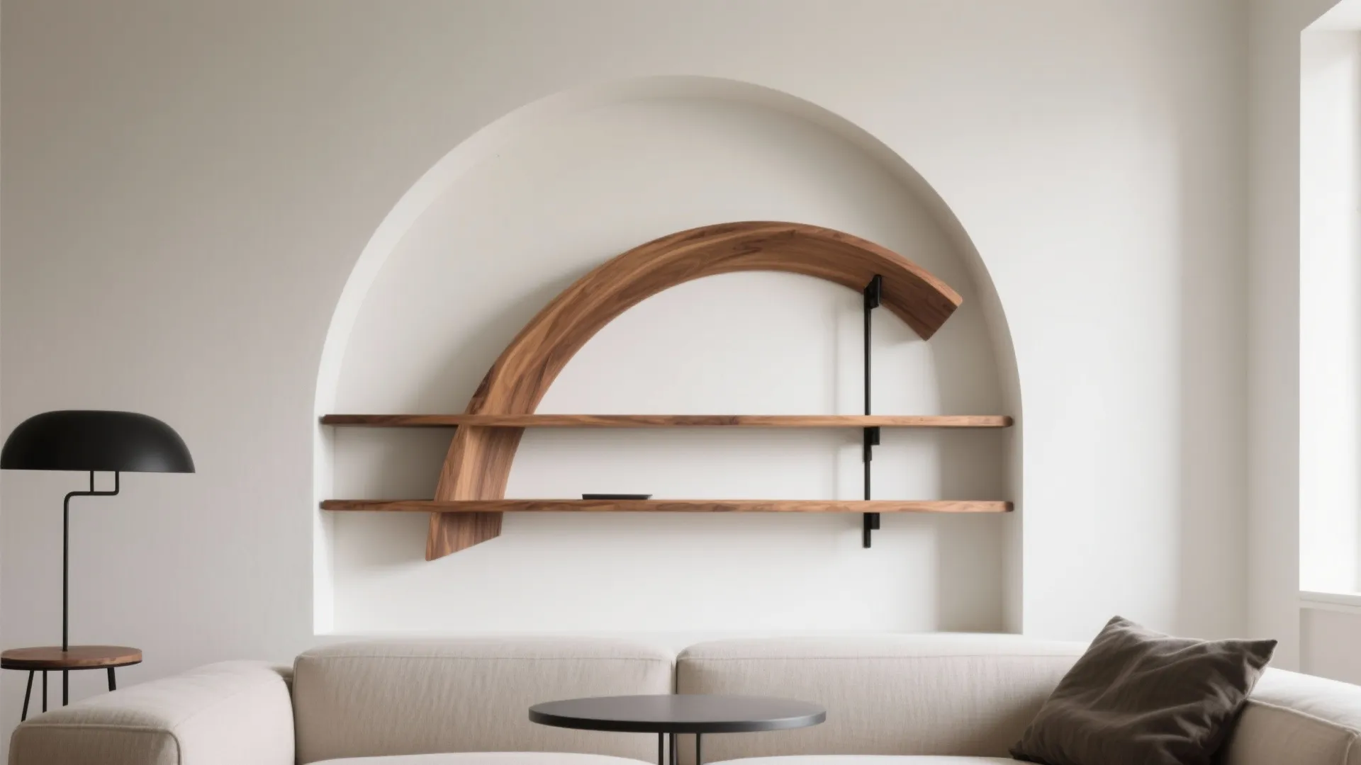 Modern living room featuring curved wood wall shelves inside a white arch above a sofa
