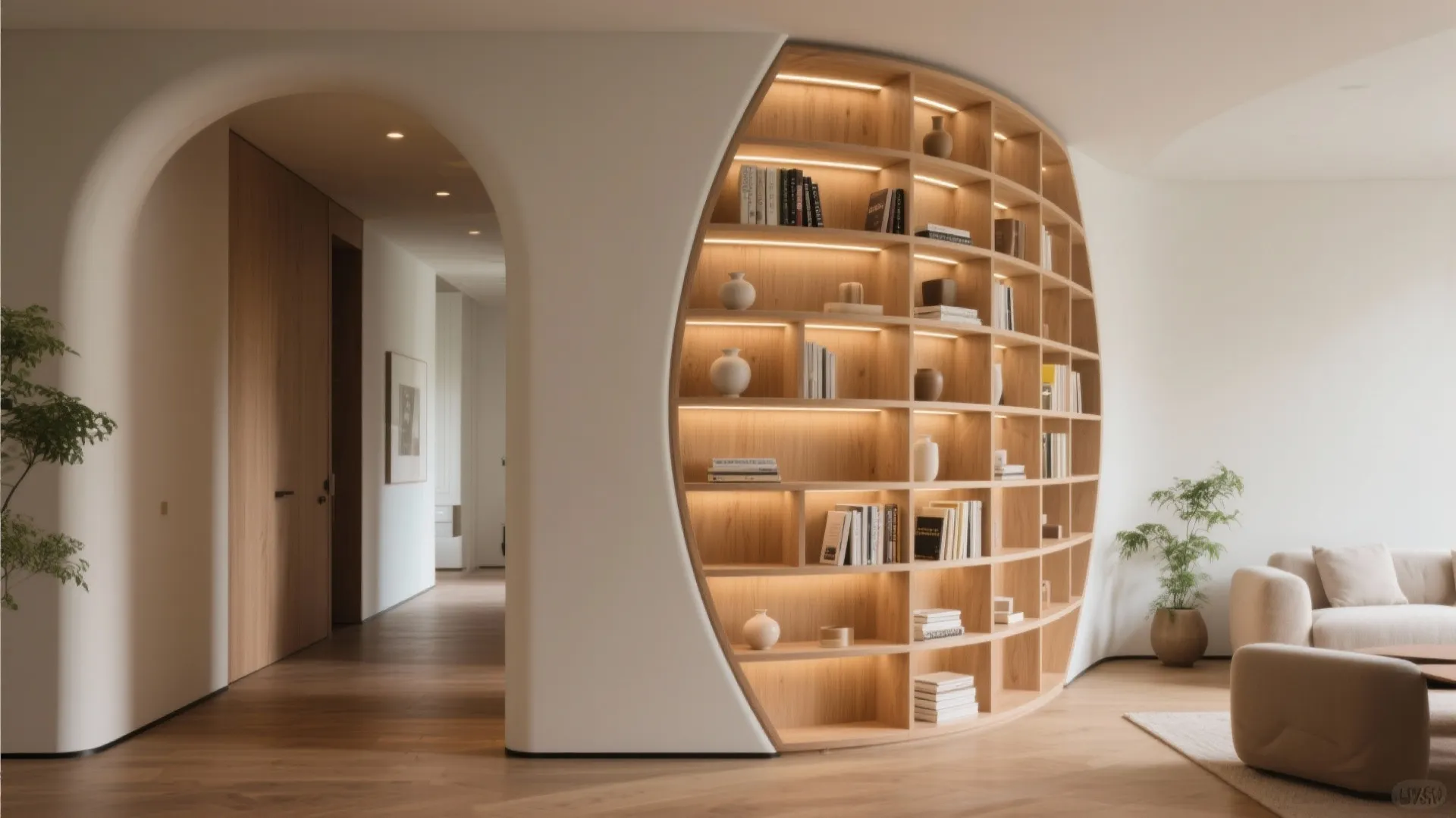Modern interior with curved wood wall shelf holding books and vases near an arched doorway