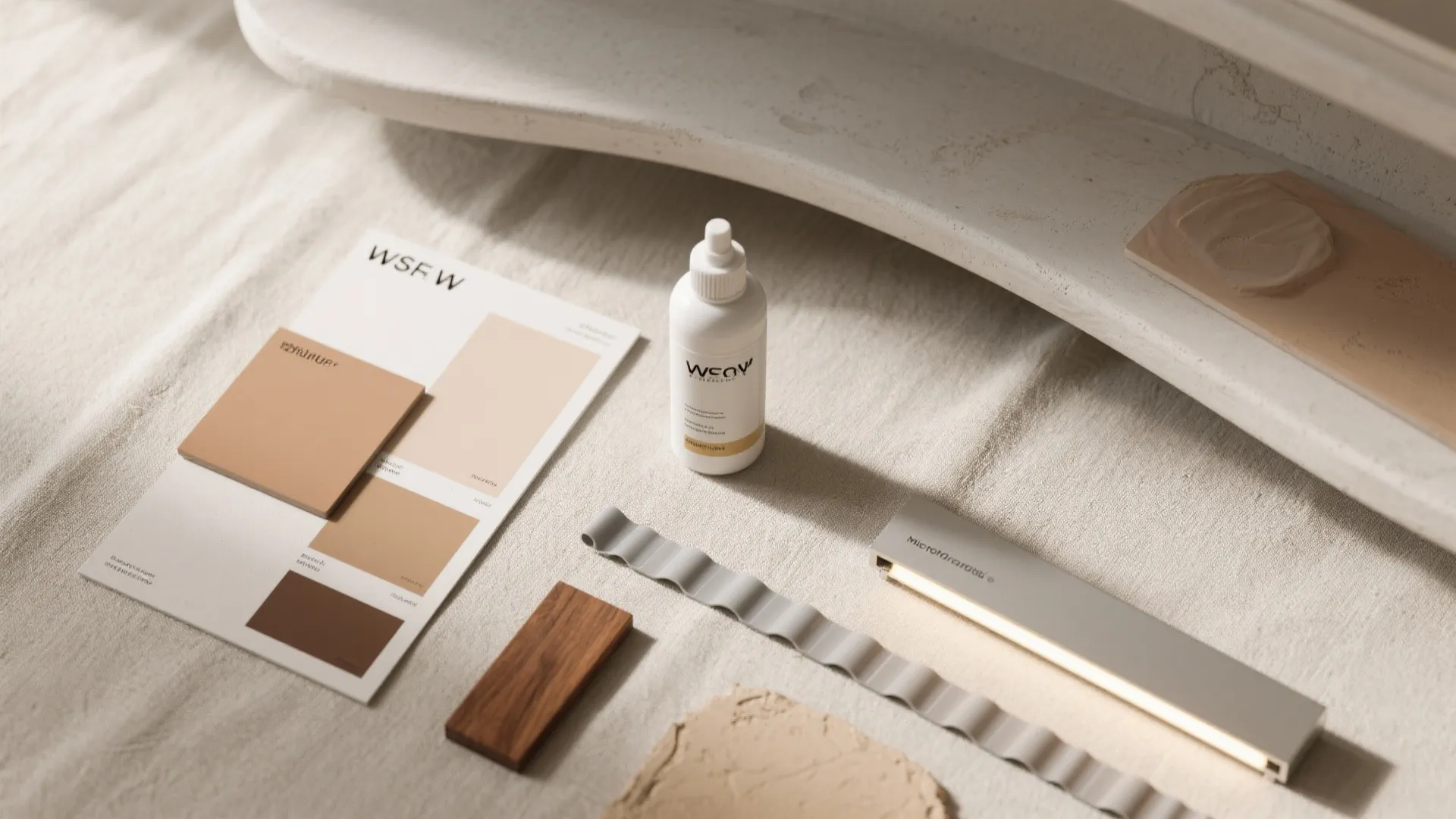 Interior design mood board with color swatches wood sample bottle and slim grey light fixture