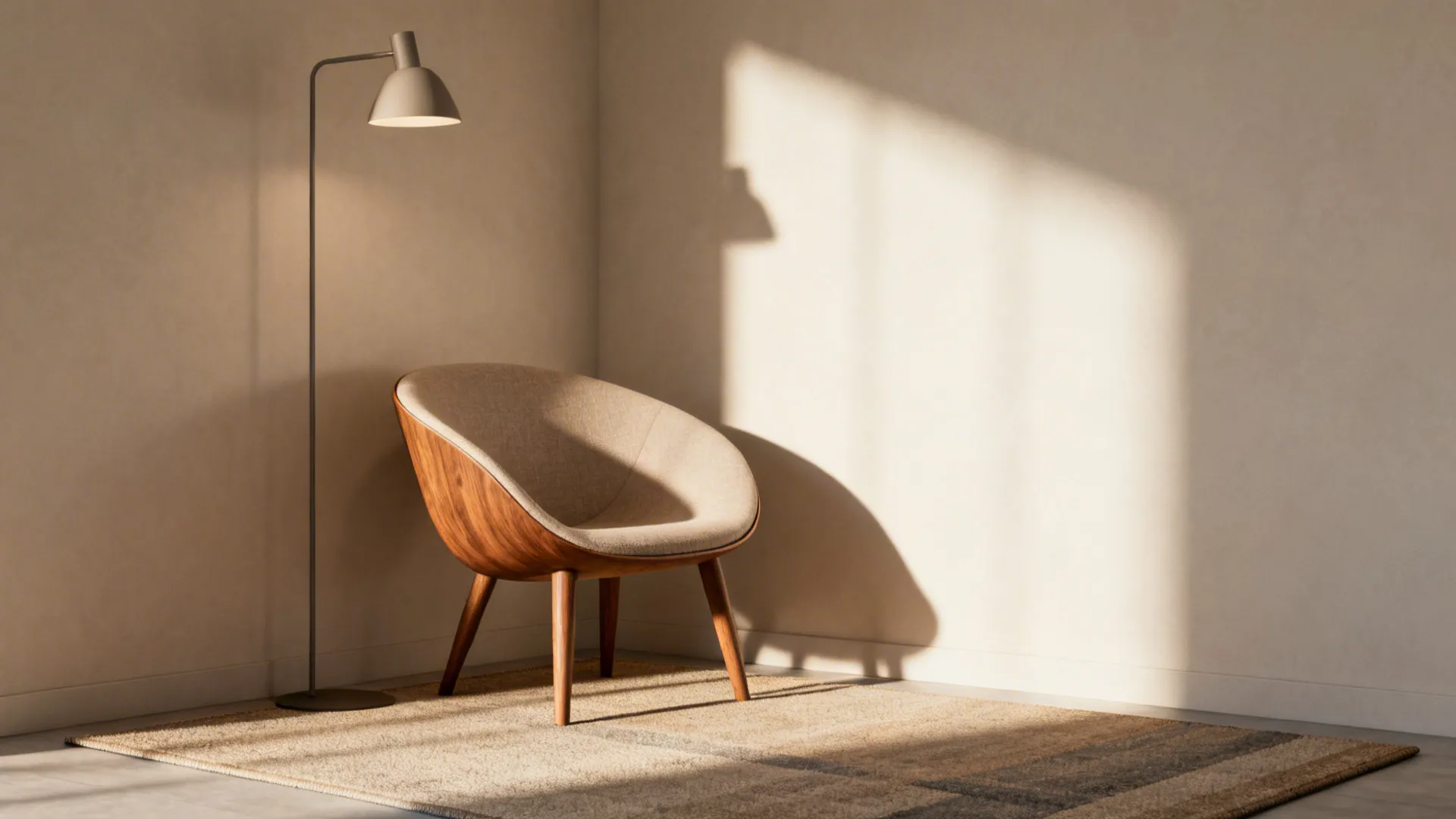 Curved shell chair in a small corner as a focal point, with soft daylight and minimalist decor.