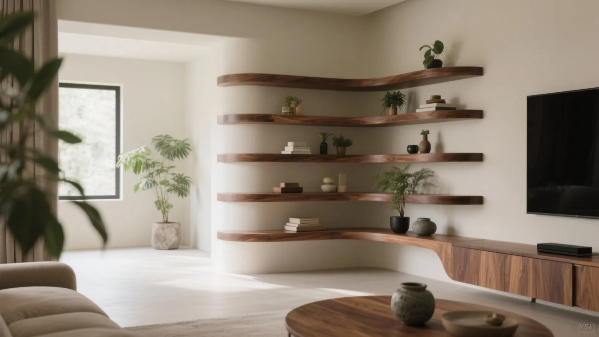 Modern living room featuring curved wood wall shelves with books plants and a television cabinet