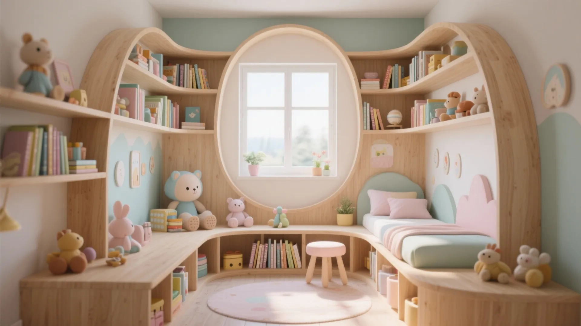 Built-in curved wooden shelving filled with books and toys