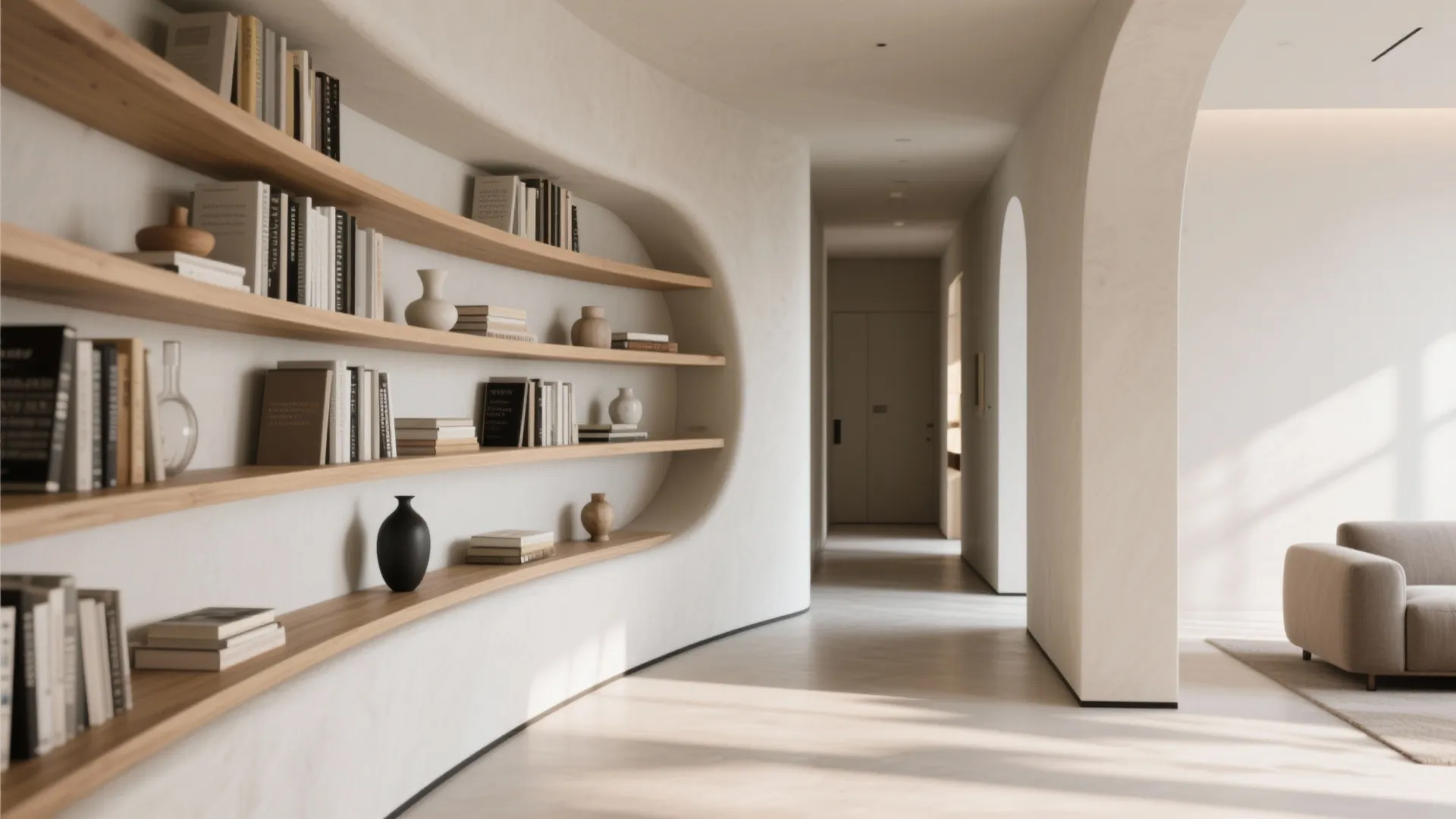 Minimalist hallway showing curved white wall with wooden shelves holding books vases and a beige sofa