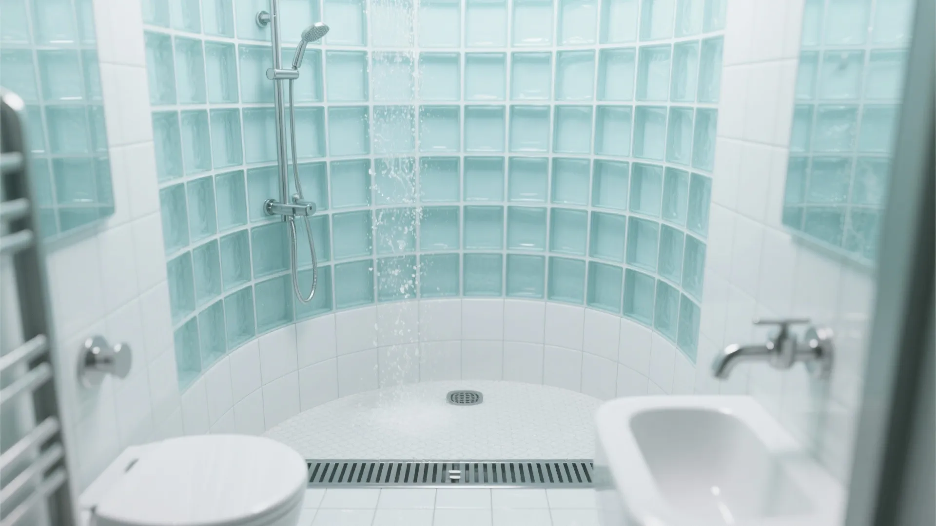 Modern curved walk in shower featuring blue glass block wall white floor tiles and chrome shower
