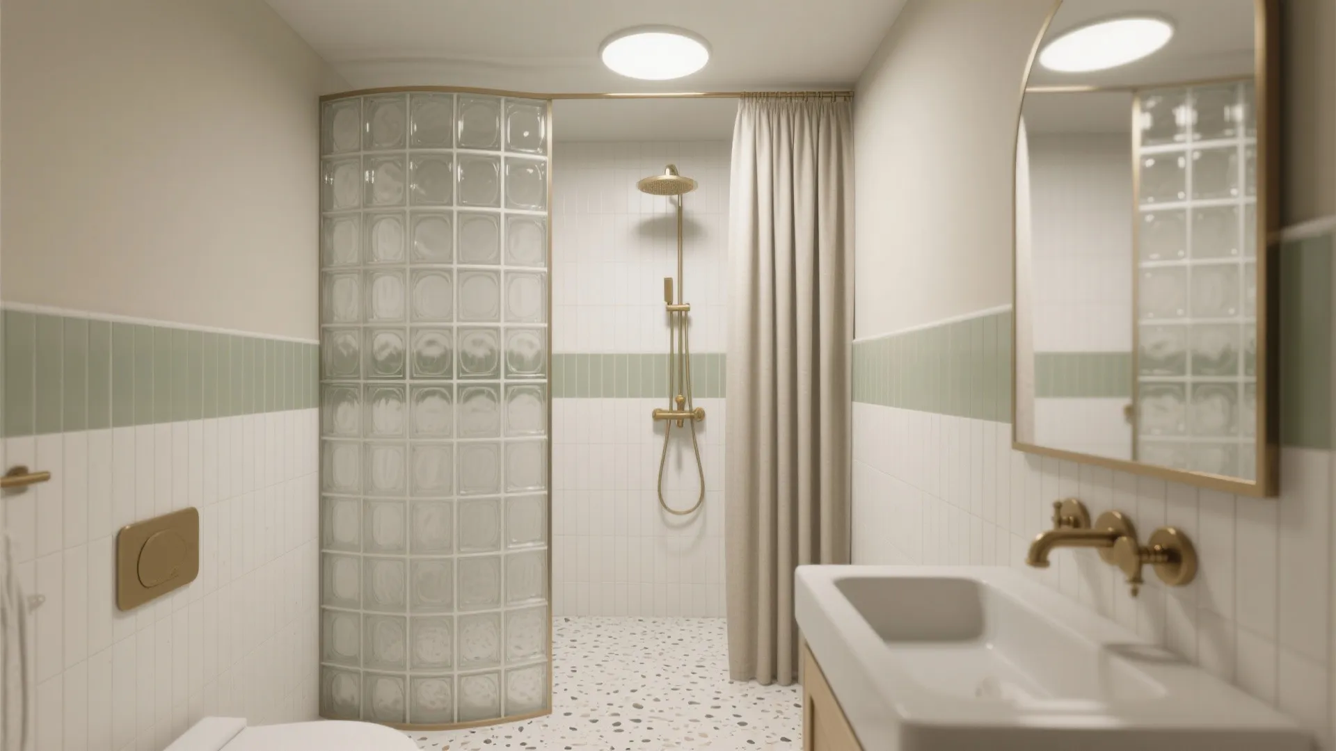 Small bathroom with curved glass block shower wall gold shower head and light beige curtain