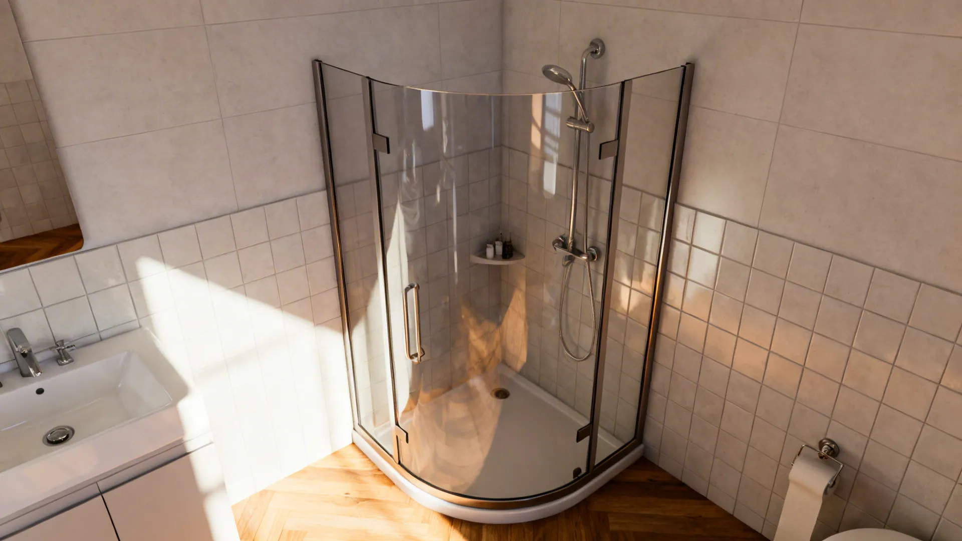 Curved glass shower enclosure in a small bathroom with pale tiles and wood accents