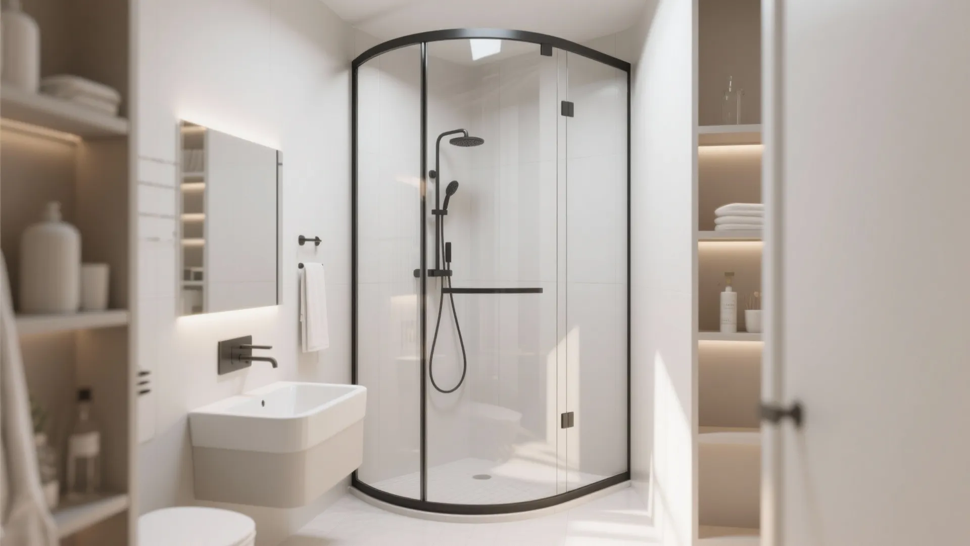 Modern bright bathroom featuring a curved glass shower cabin with black frames and white wall tiles