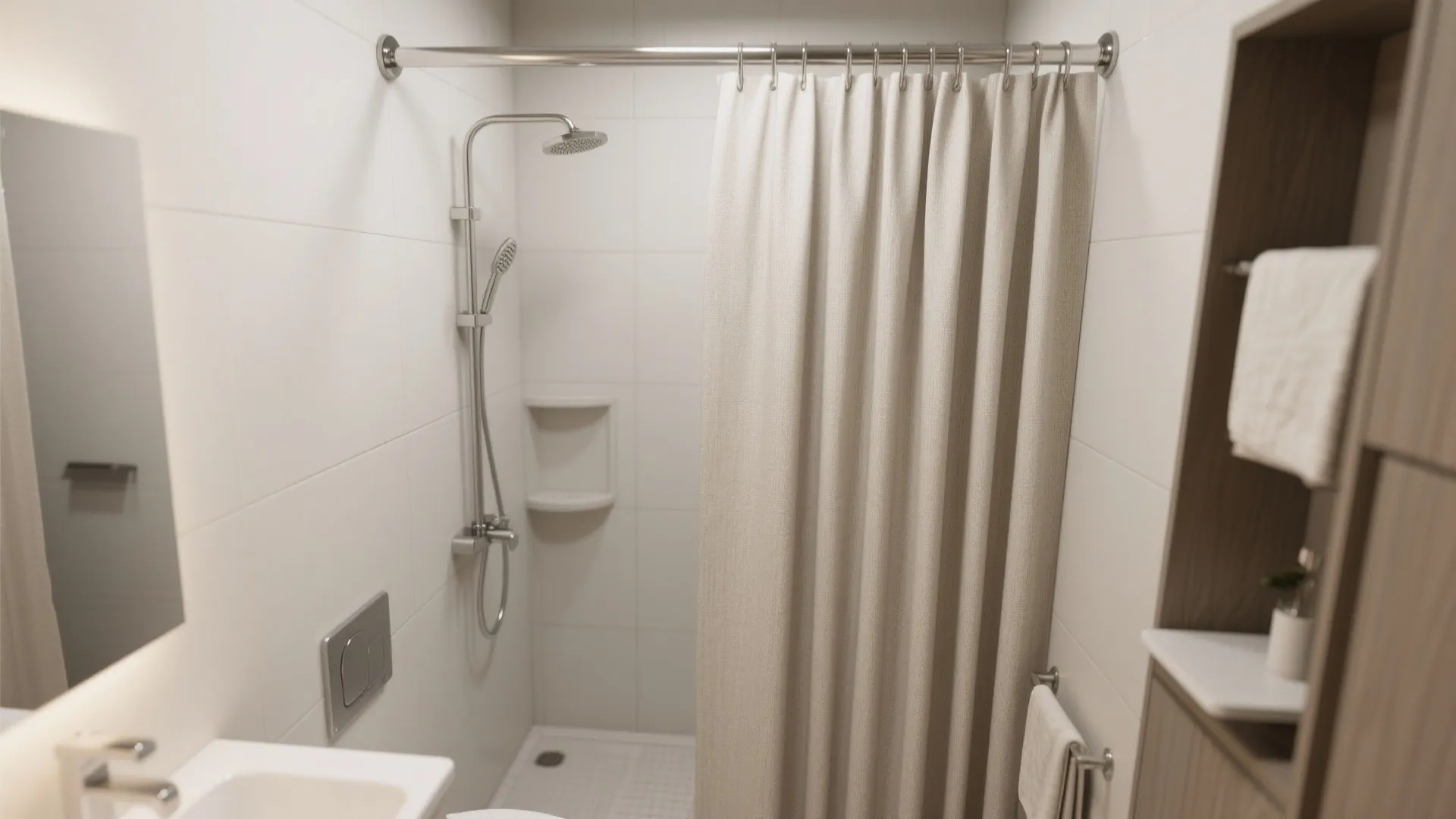Bright bathroom interior with beige curtain silver shower head white wall tiles and wooden shelves