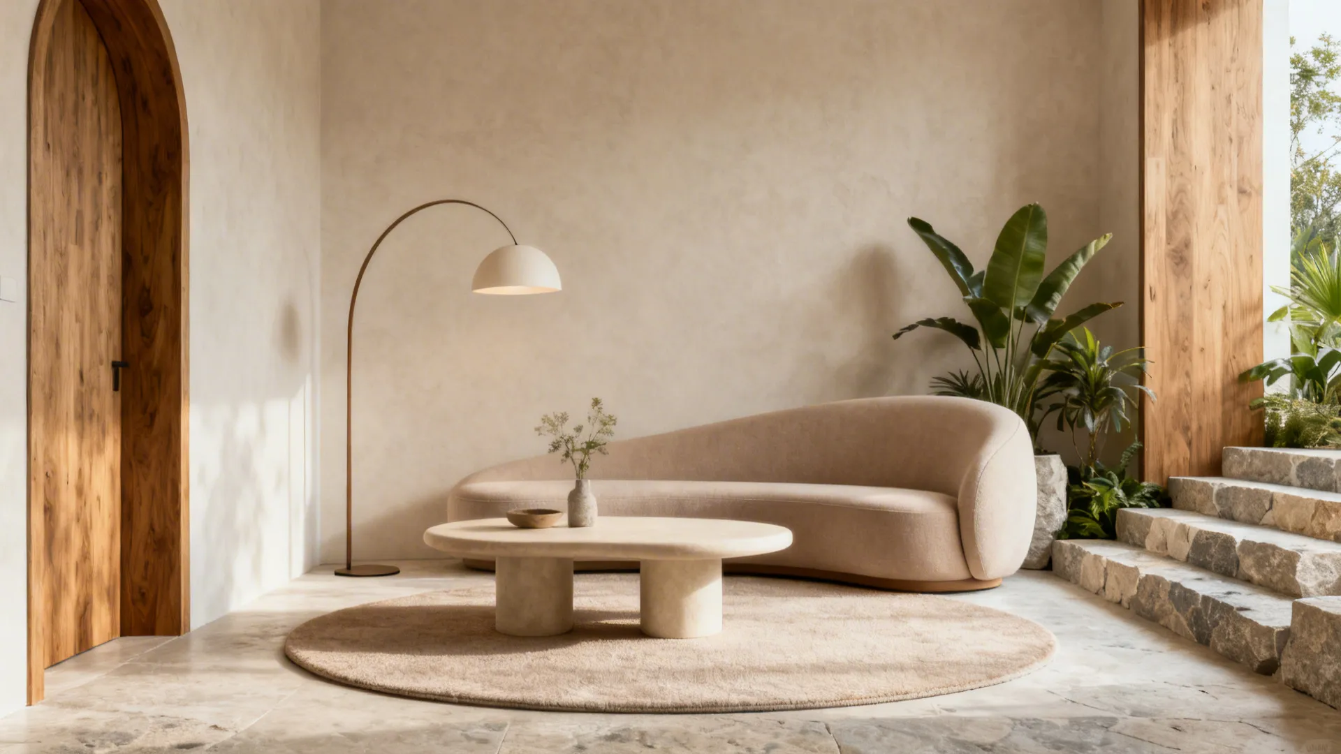 Small living room with curved loveseat, pebble coffee table, arched lamp, and an oval rug in soft neutrals.