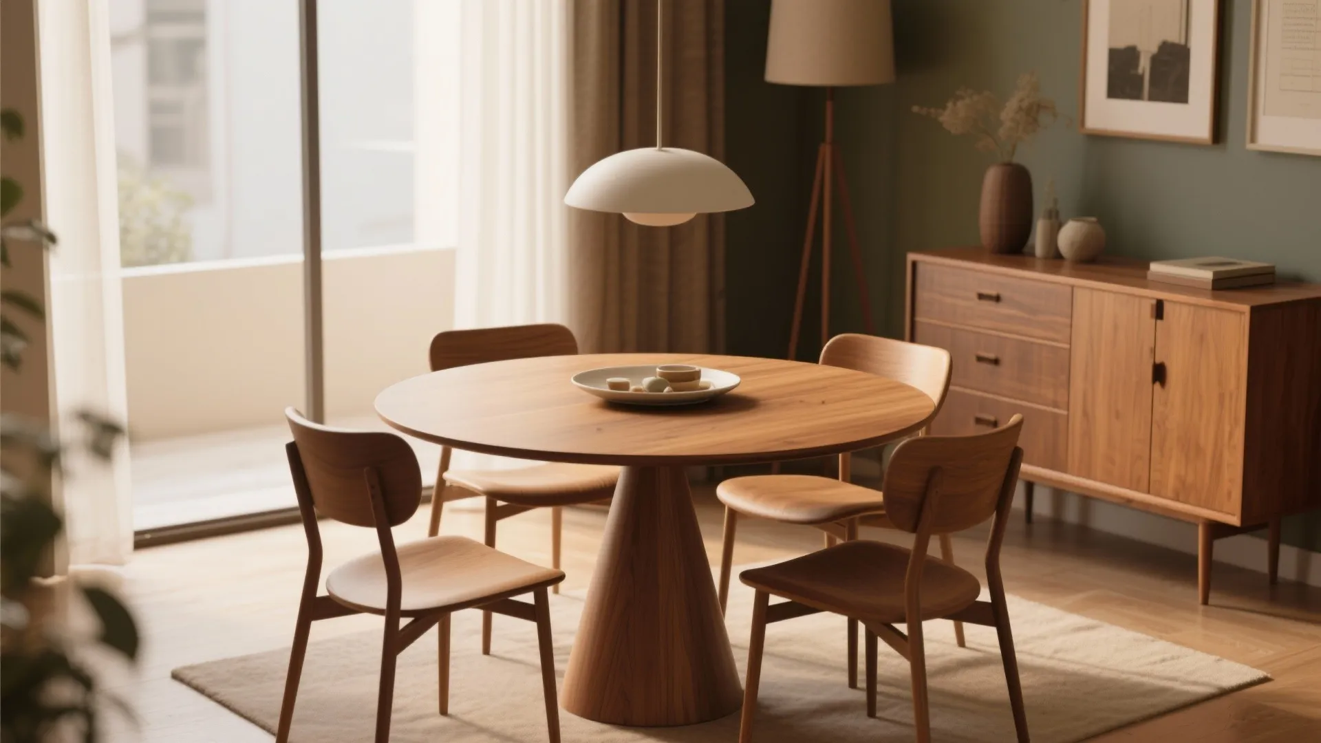 Round wooden dining table with four chairs and a white ceiling light in a room
