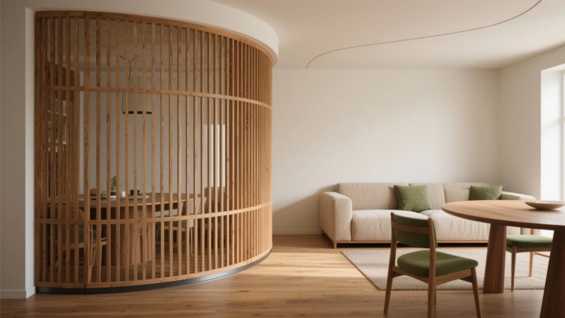 Curved Slatted Screen for Movement and Warmth