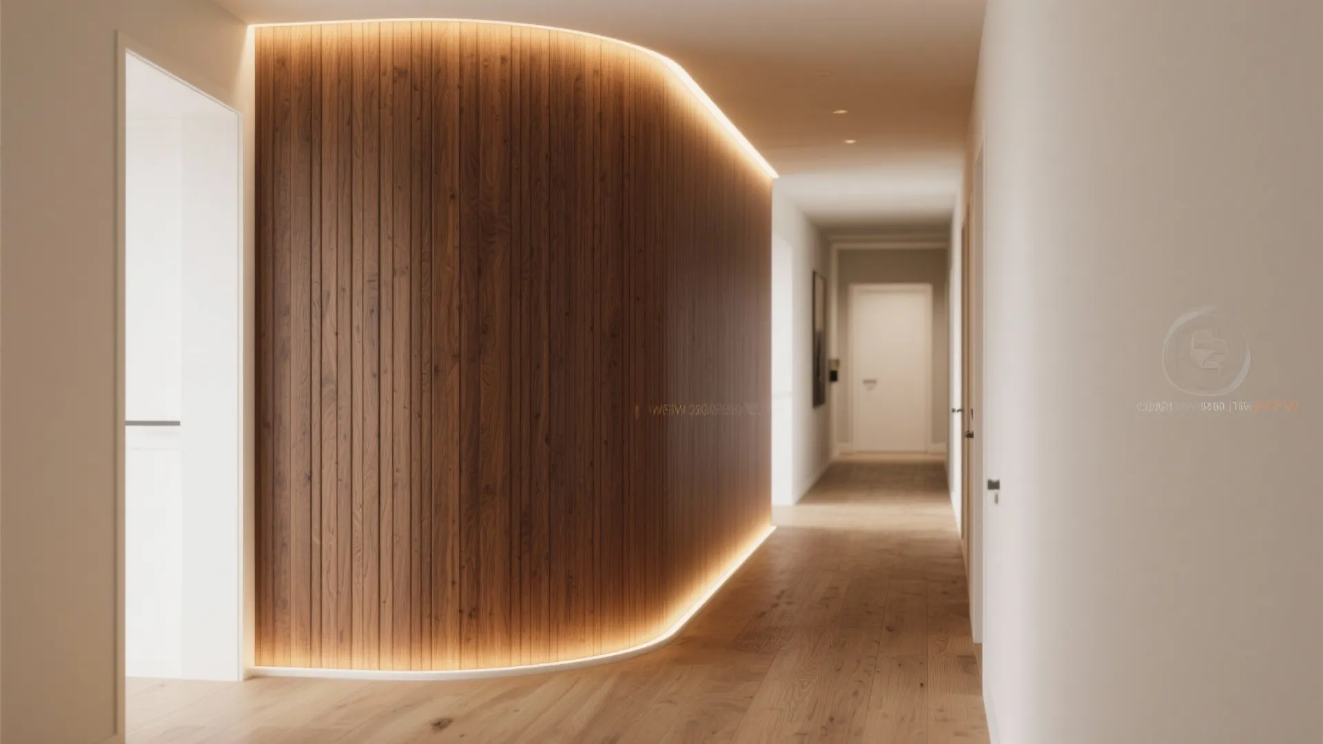 Curved hallway corner clad in vertical oak slats with warm cove lighting for smooth flow.