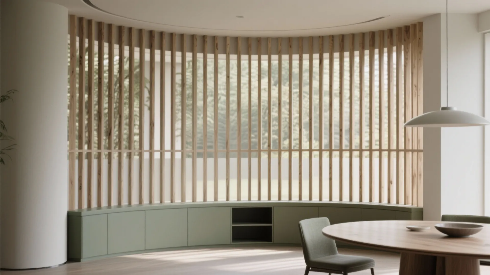 Curved Slatted Screens That Soften Sound and Corners