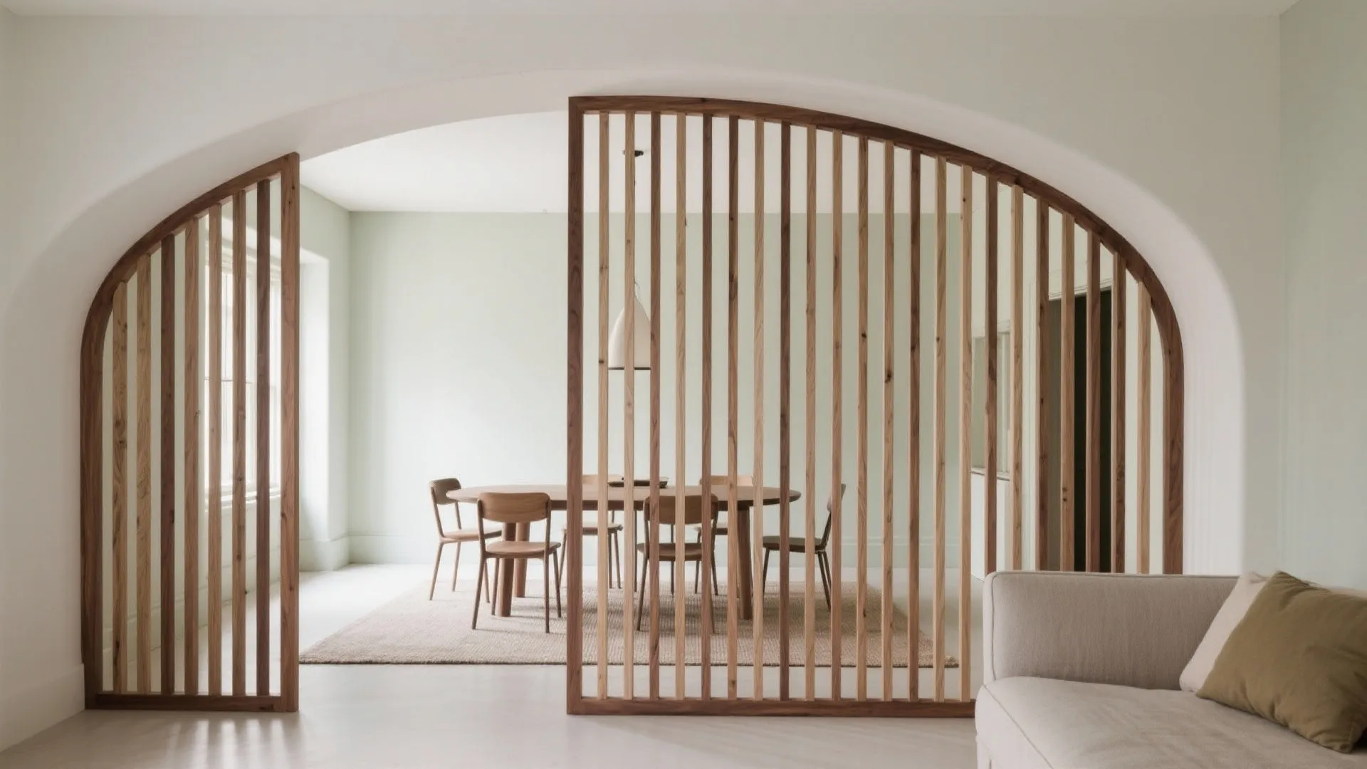 3) Curved slatted screen for soft zoning