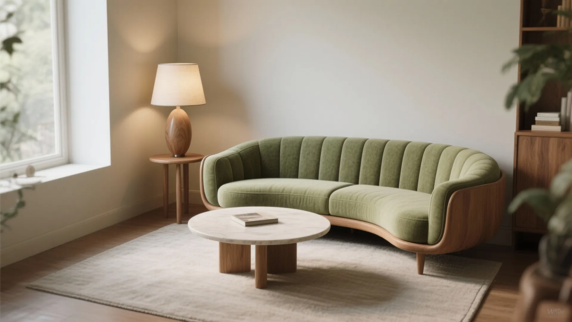 Modern green sofa with wood frame in cozy living room with round coffee table and lamp