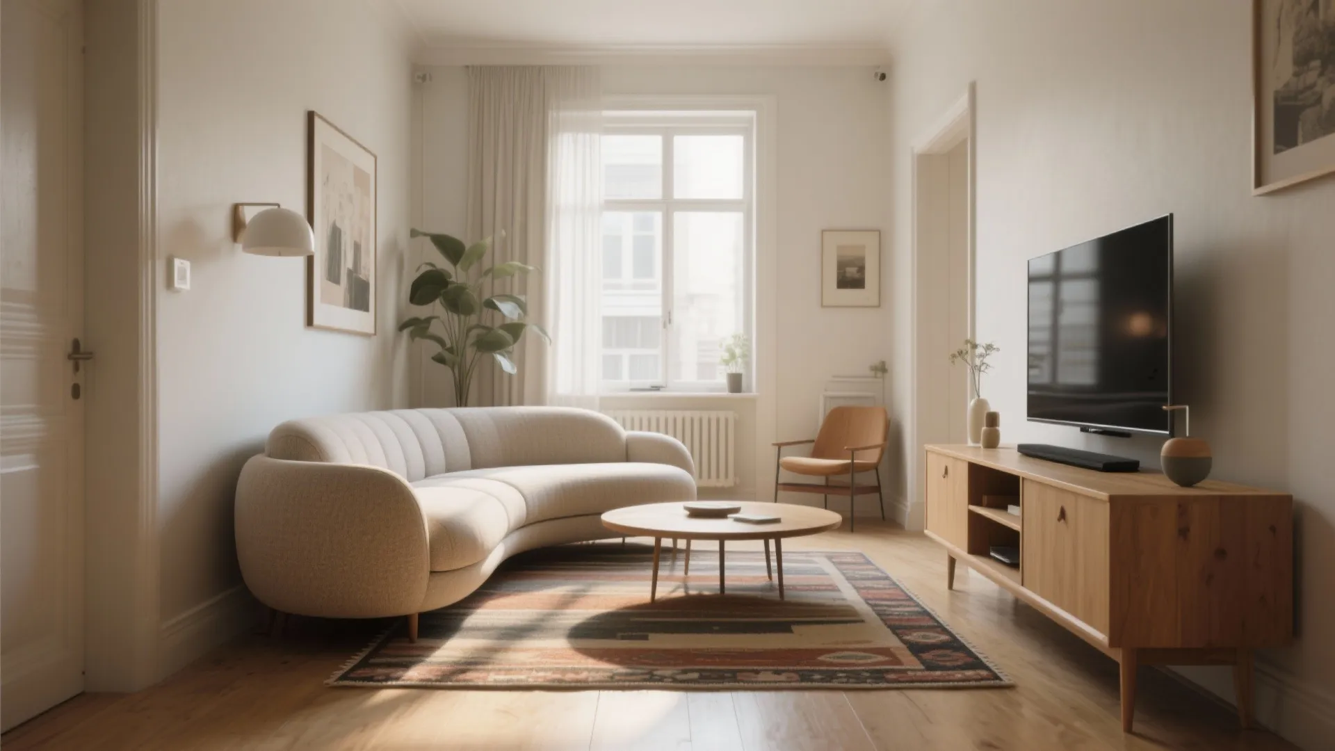 Modern living room featuring curved beige sofa wooden coffee table television cabinet and large bright window