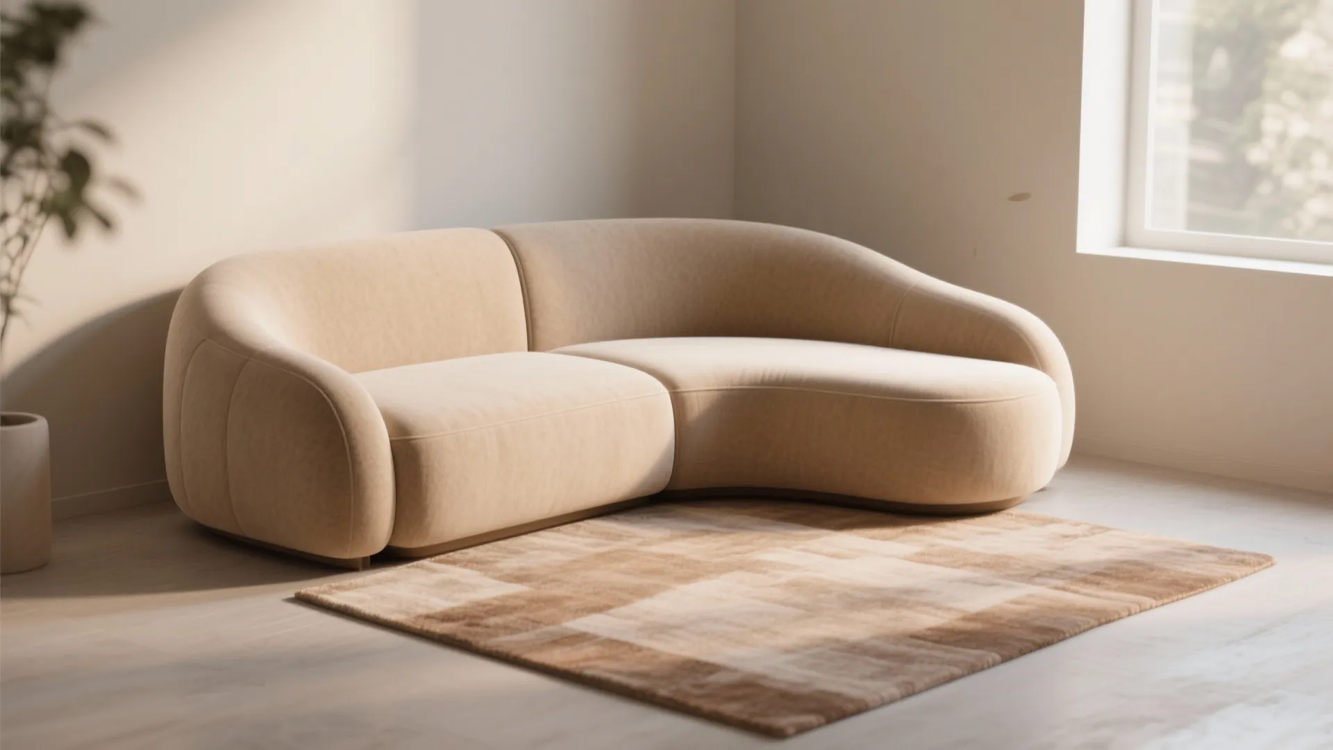 Small curved loveseat placed in a compact corner to soften traffic flow and create a conversational nook.