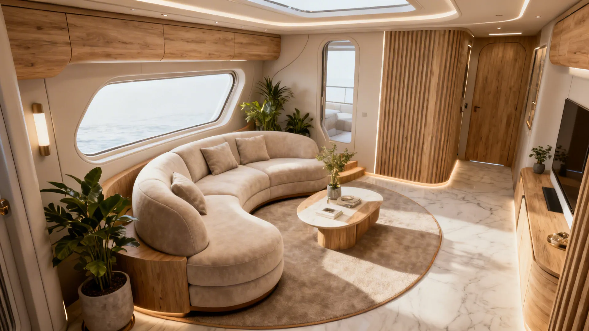 Curved compact sofa improving flow in a quirky-shaped small living room.