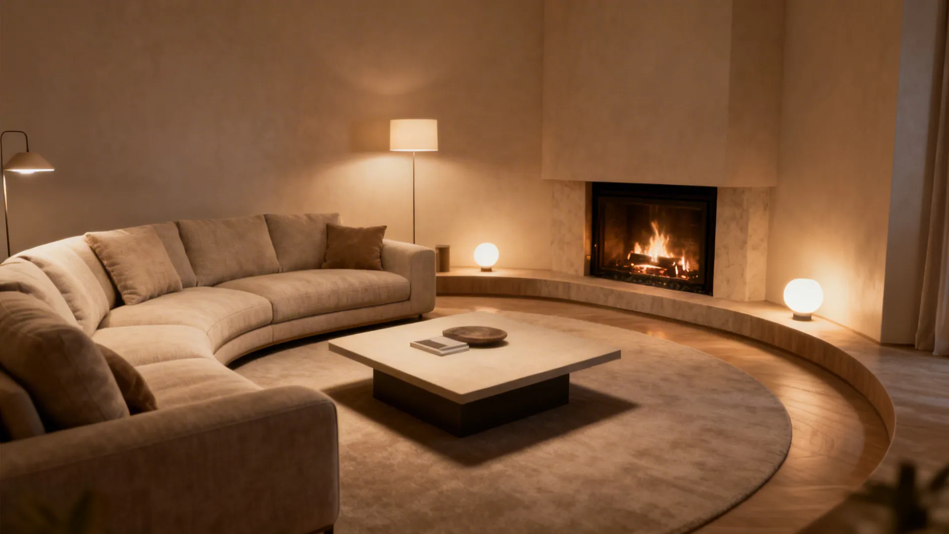 Curved sofa arranged around a corner fireplace creating a conversational nook