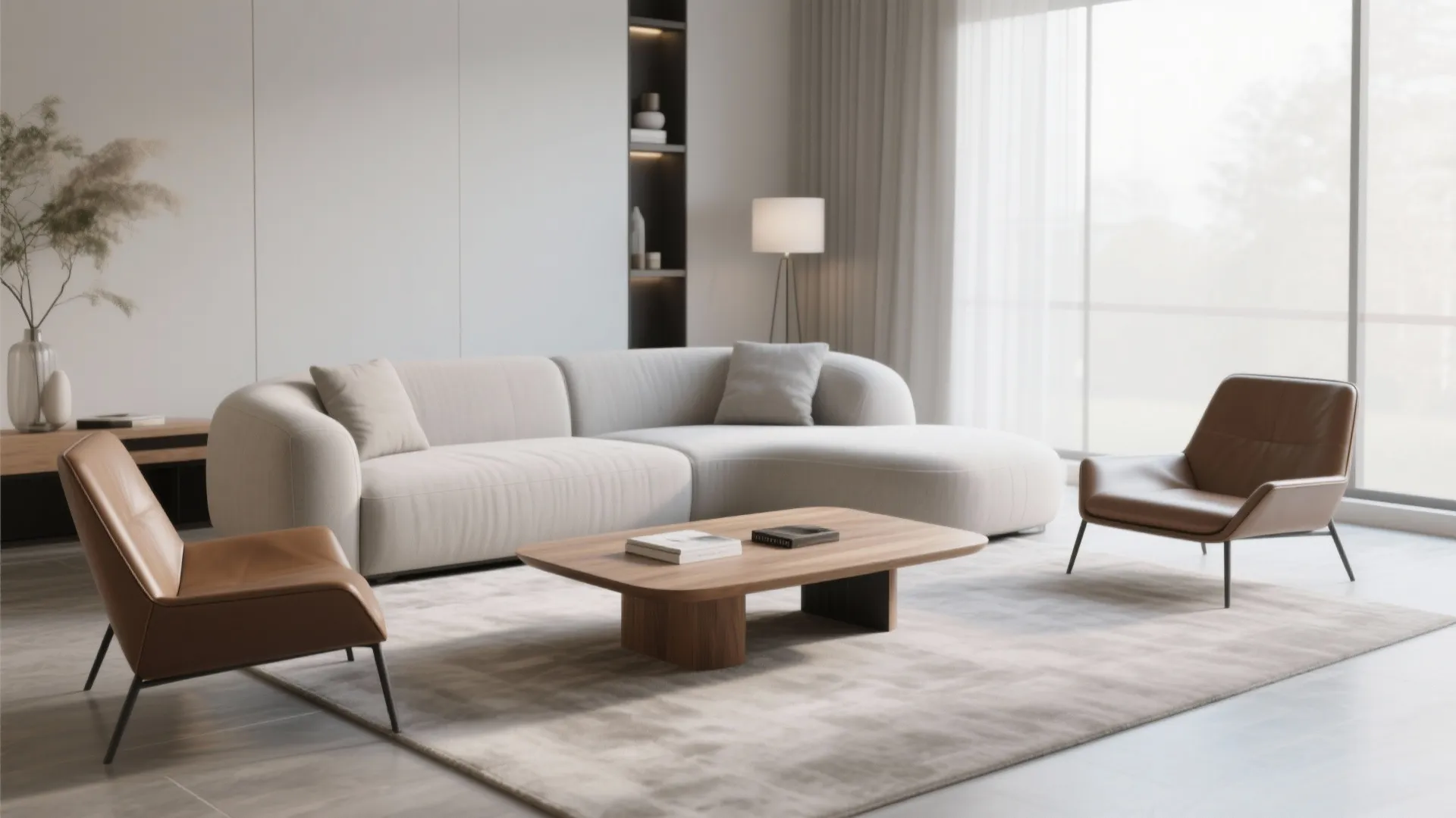 Pale grey curved sofa with angular leather chairs in modern living room