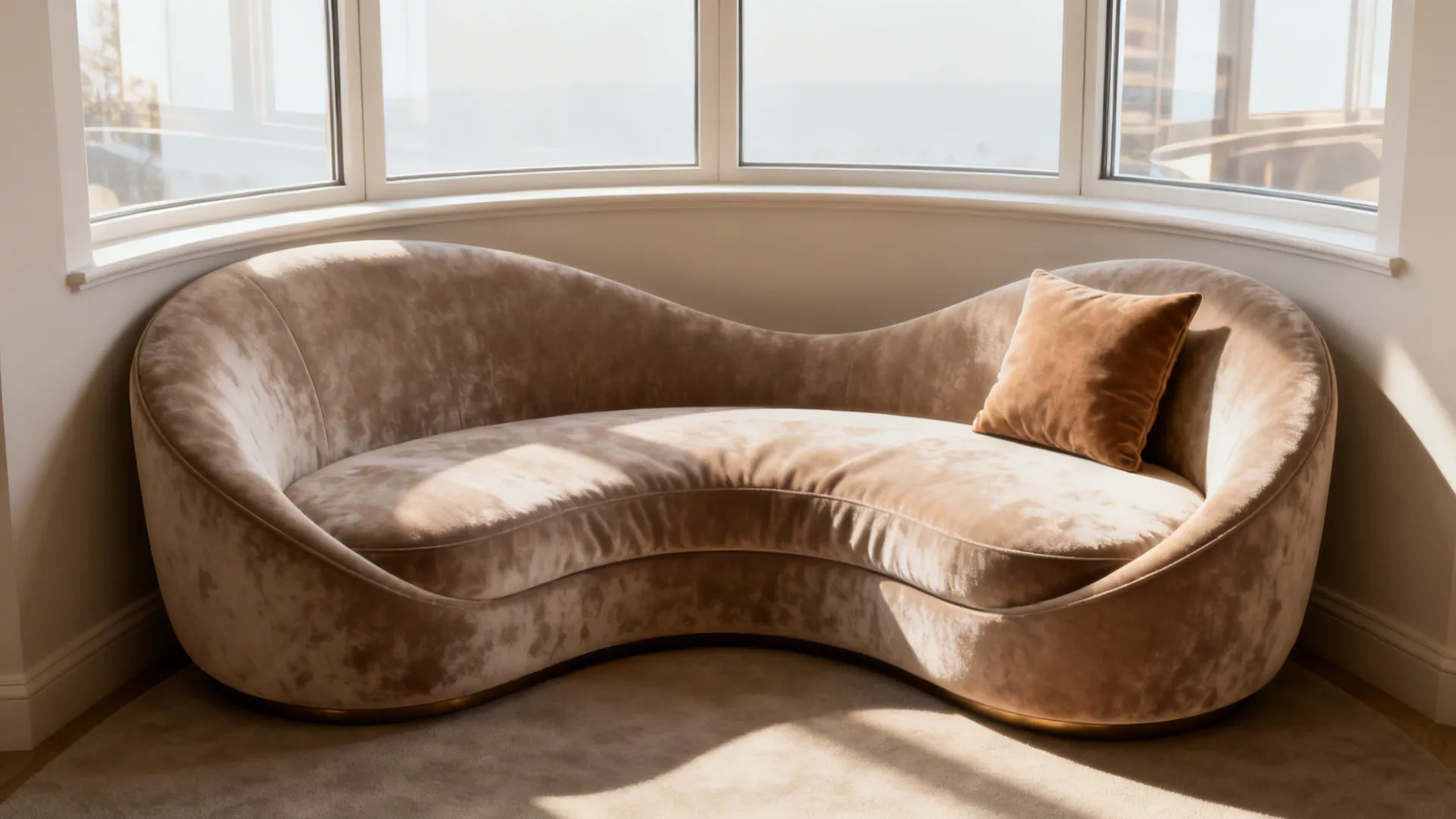 Curved two-seater sofa in a bay window nook with sculptural silhouette and velvet upholstery