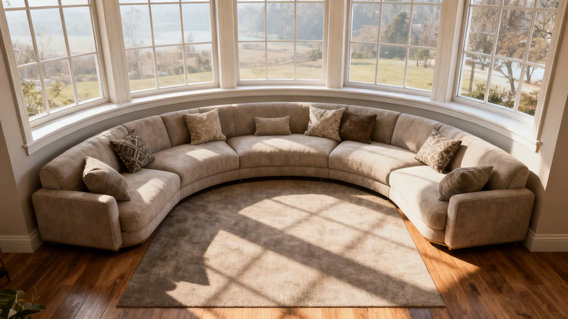Large curved beige sofa placed in front of a big window overlooking a sunny field