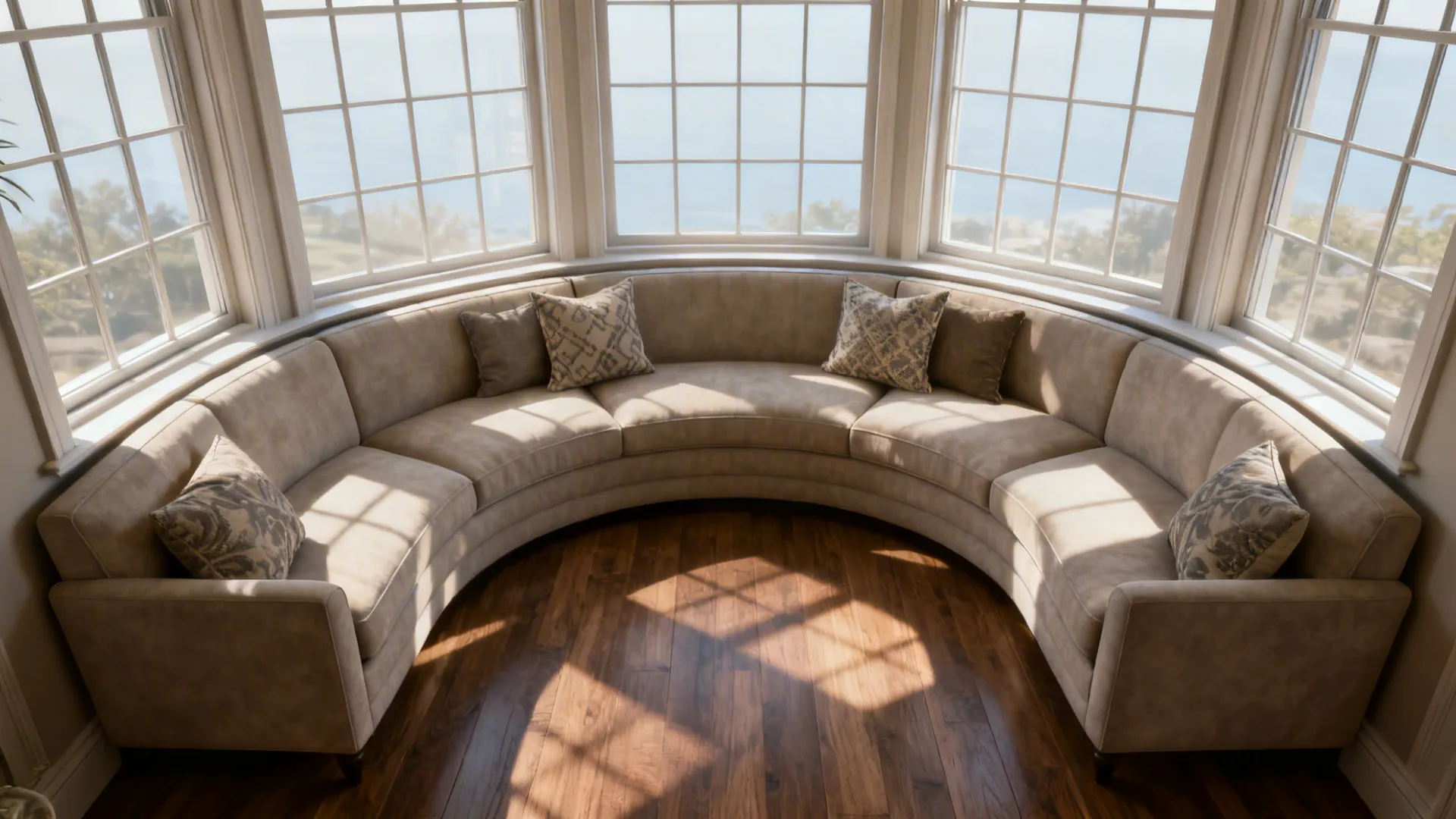 Bay window area with a curved sofa that follows the window contour, creating a cozy focal point