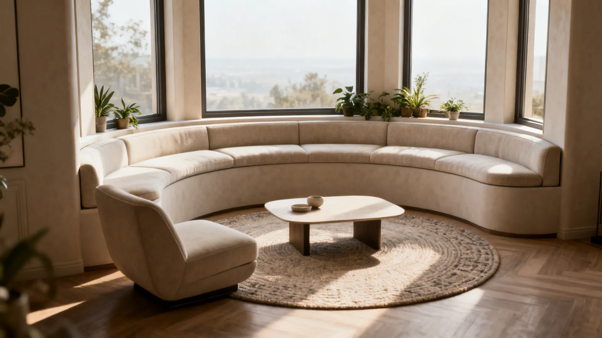 Bay window nook with a curved sofa arranged to follow the window contour and a low-profile coffee table.