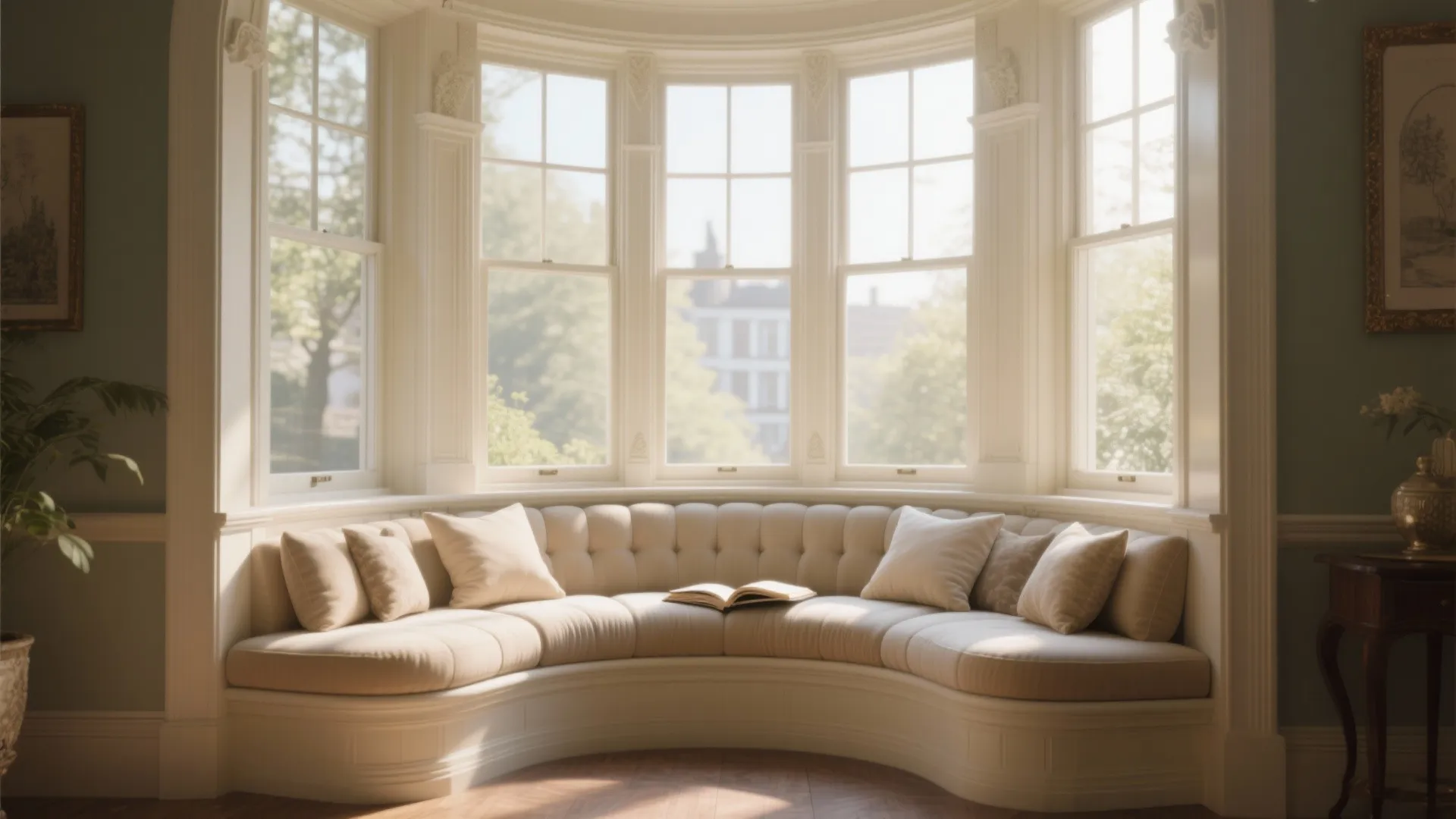 Custom curved sofa fitted into Victorian bay window with cushions