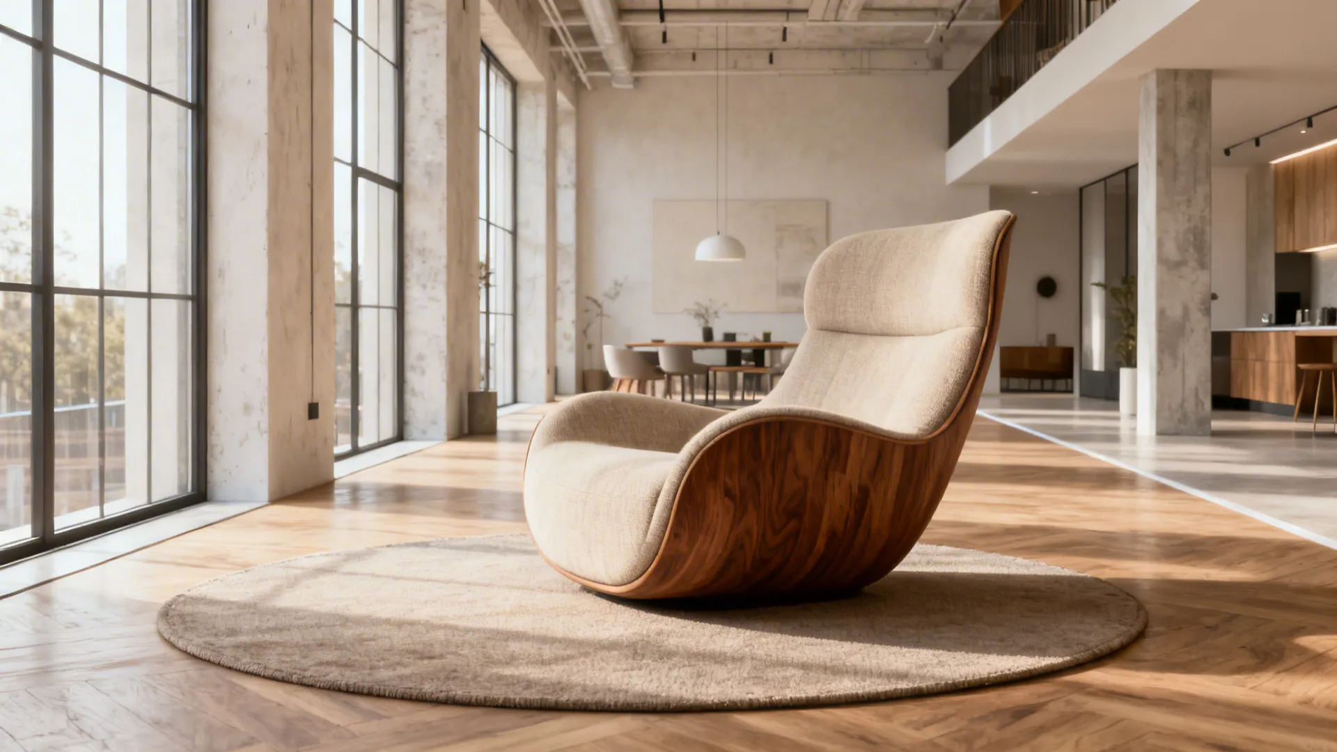 Curved sofa-chair defining a conversation area in an open-plan loft with circular rug and clear walkways.