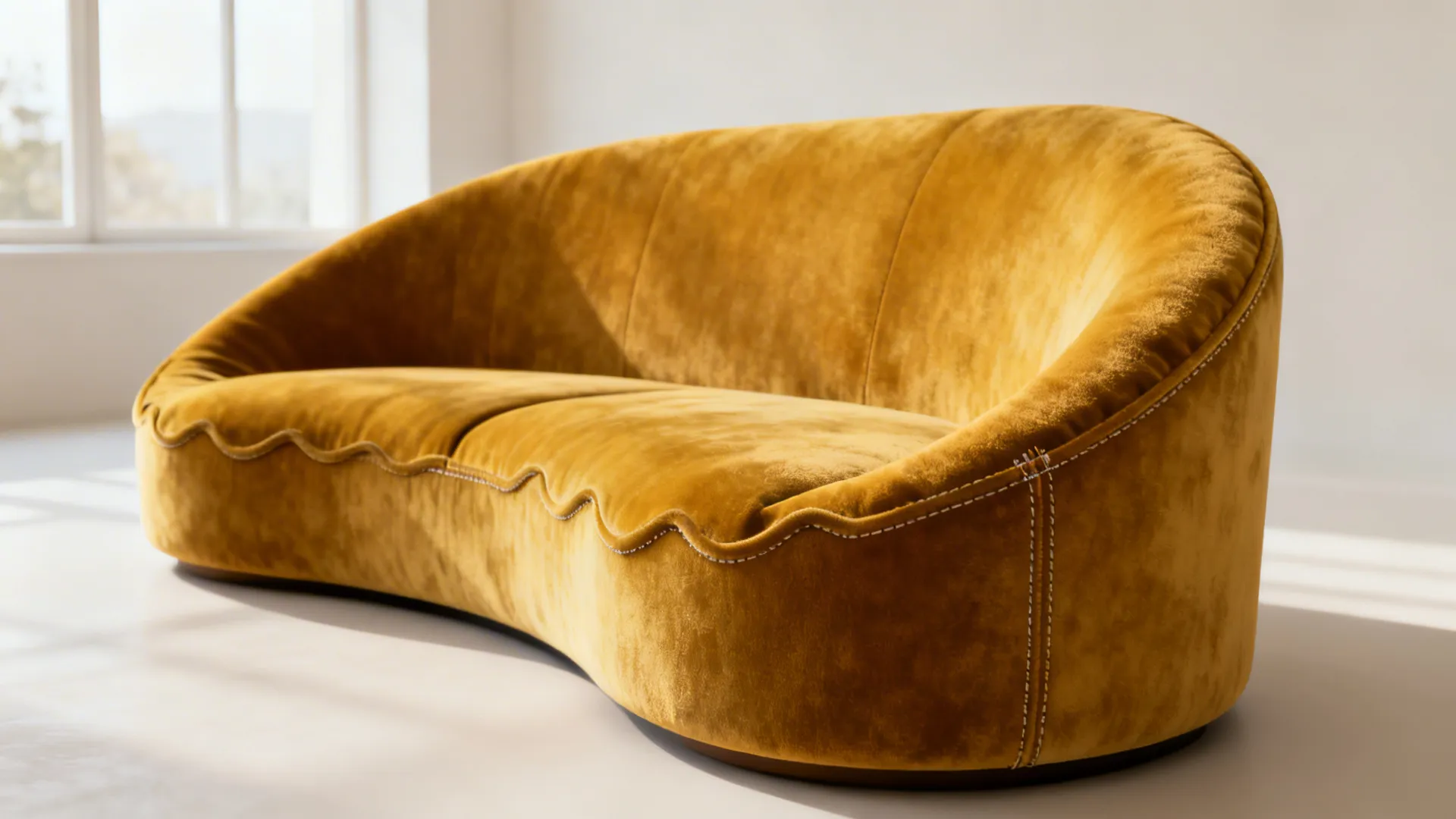 Close-up of a mustard curved low-profile sofa showing scalloped silhouette and velvet texture.