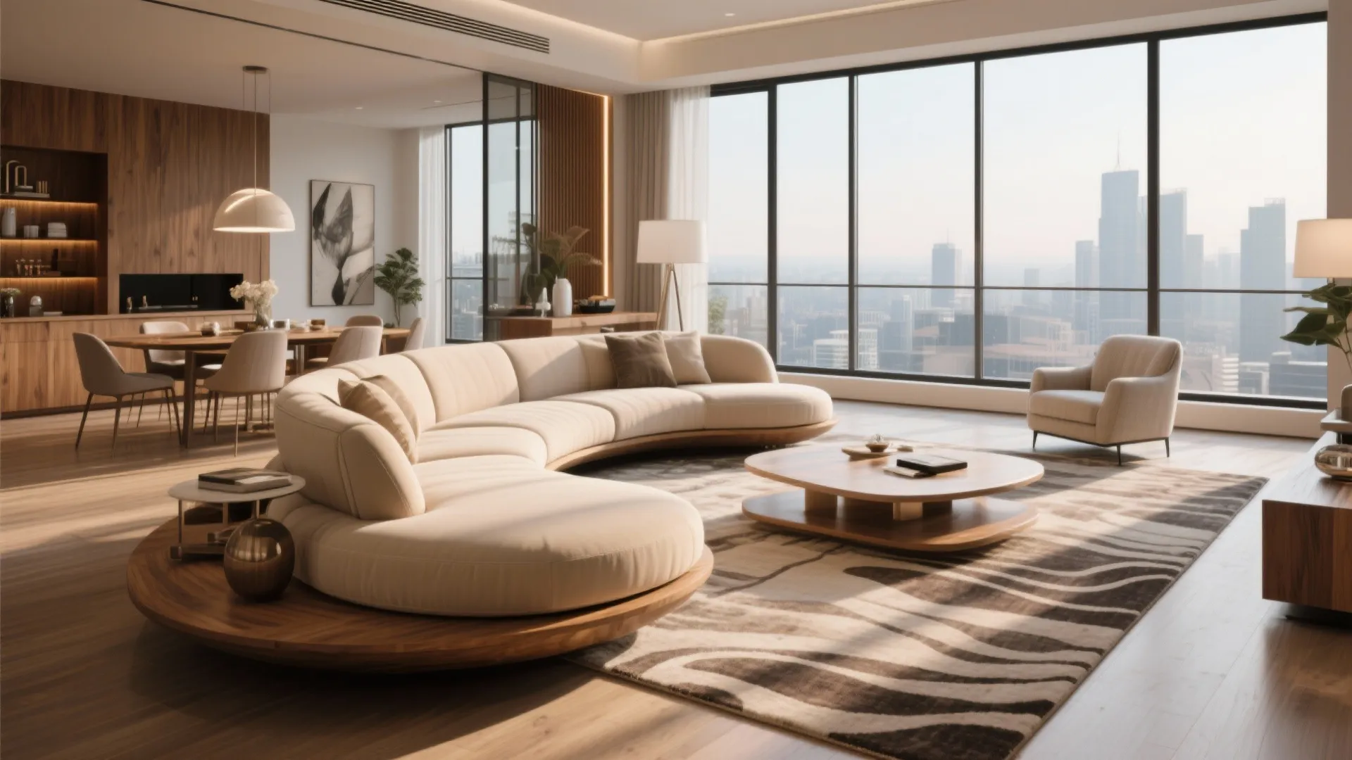Modern penthouse with a curved beige sofa creating room flow