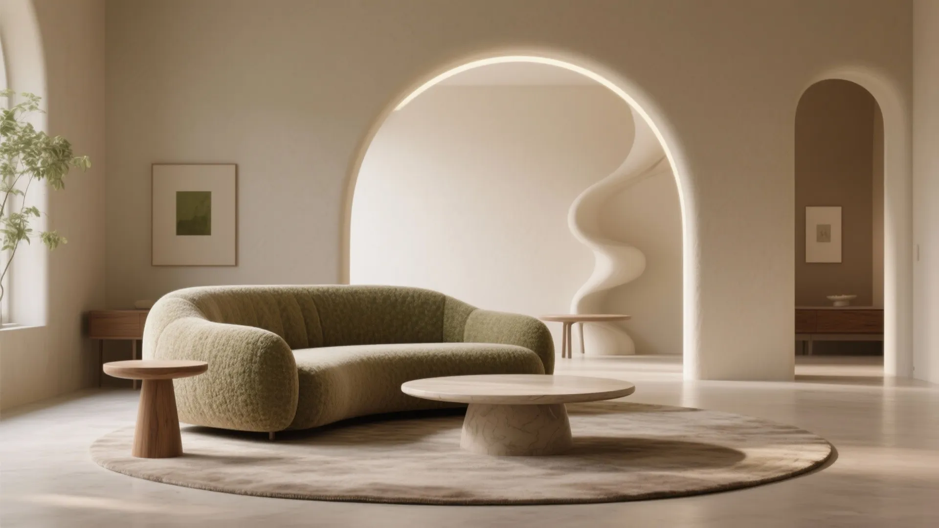 Modern minimal living room with curved green sofa round coffee table and white arched doorway