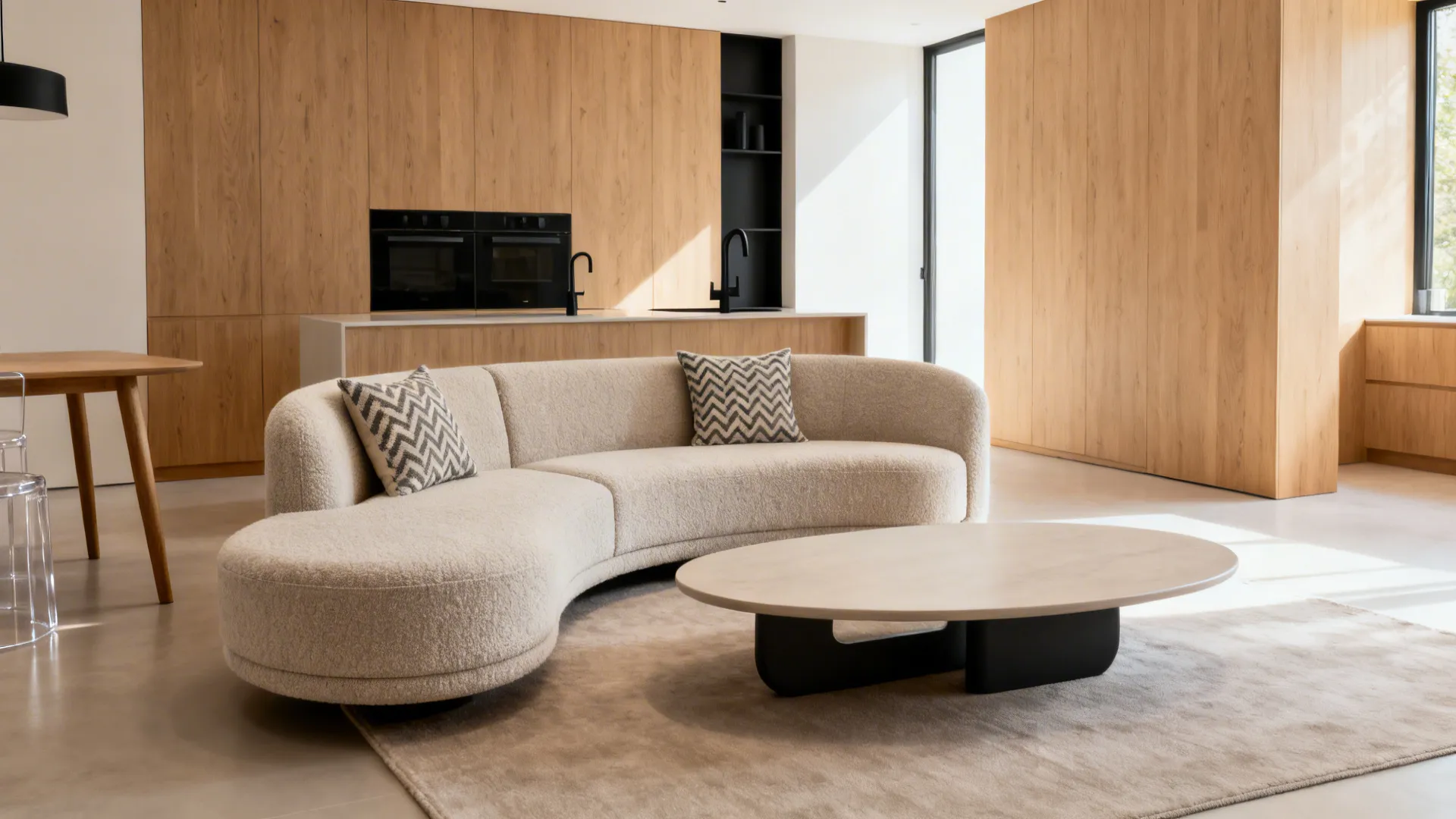 Curved bouclé sofa floating near the L-corner with a round coffee table for easy circulation.