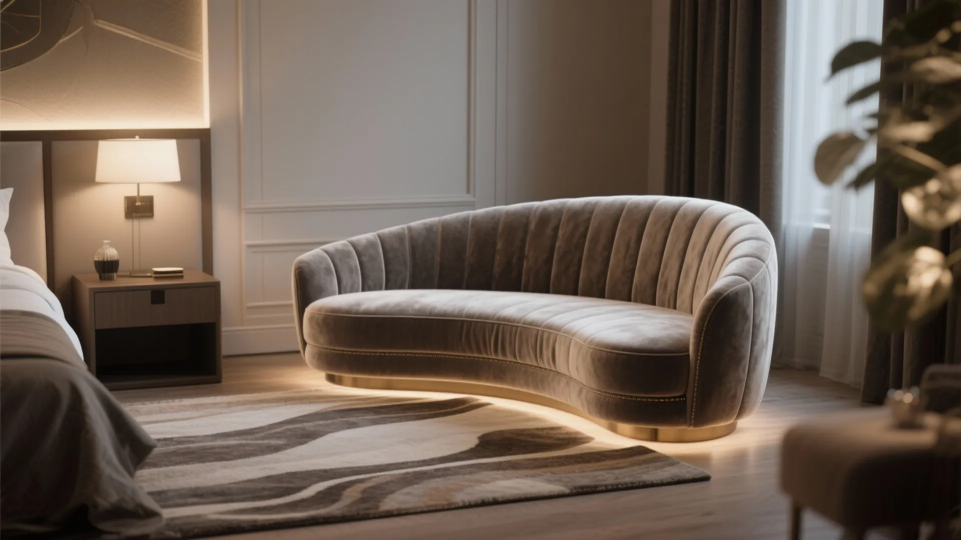 Luxury curved velvet sofa with lighting underneath placed on a patterned rug in warm bedroom